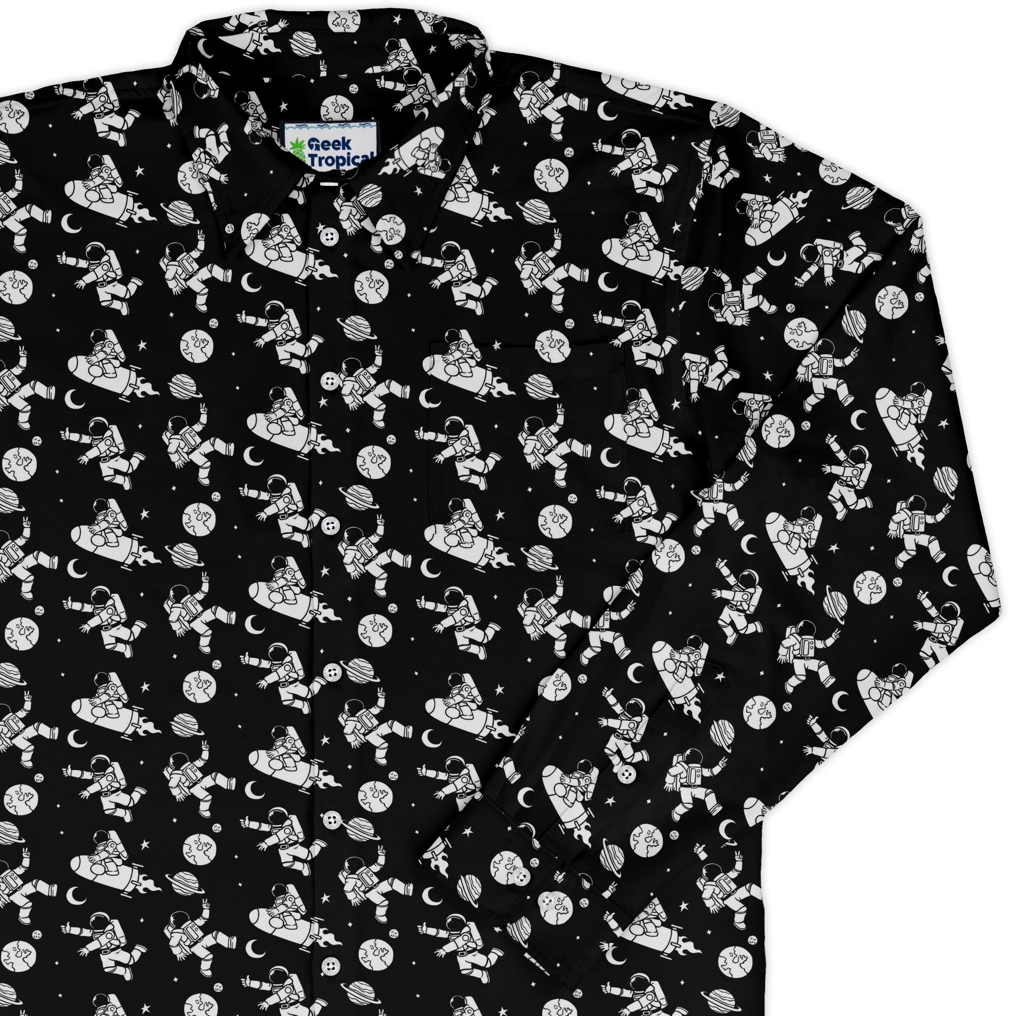 Cosmic Explorers Space Long Sleeve Button Up Shirt Geek Nerd adult sizing Design by Tobe Fonseca FLOW DESC WRITING