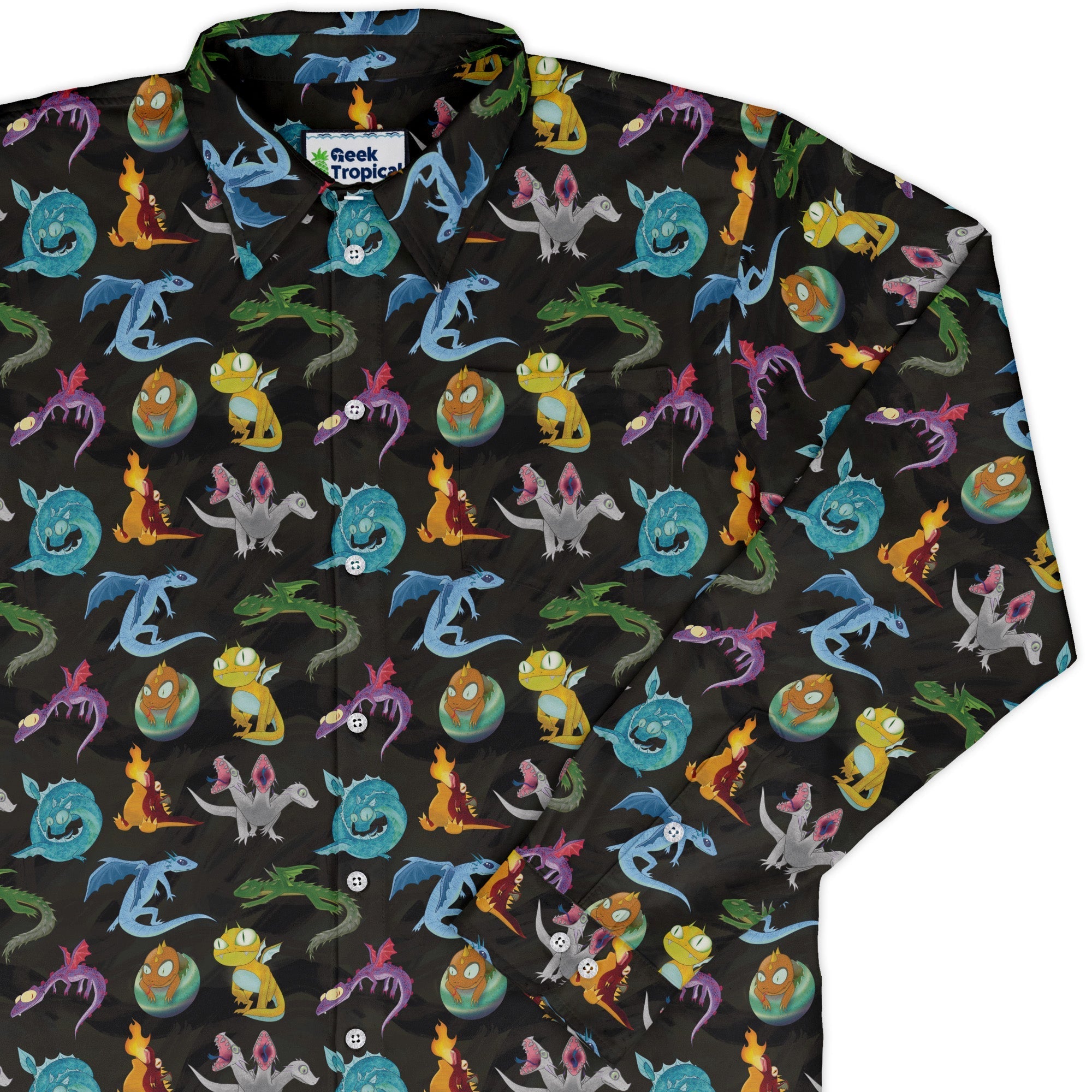 Cute Baby Dragons Long Sleeve Button Up Shirt Geek Nerd adult sizing Animal Patterns Designs by Nathan