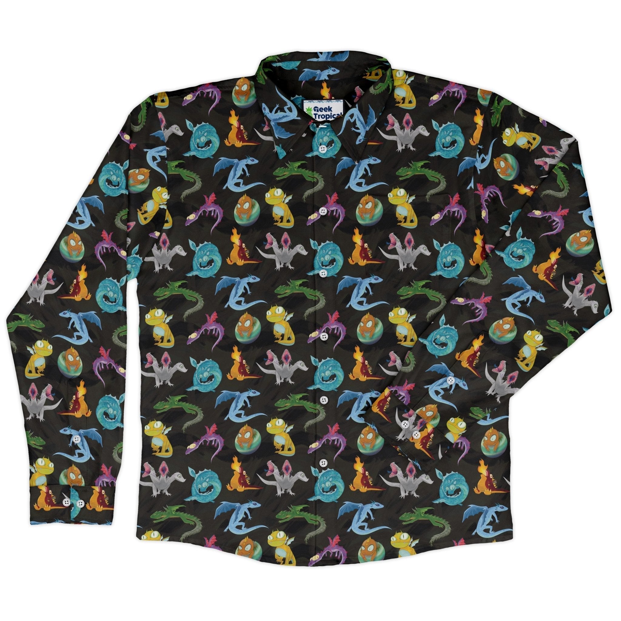 Cute Baby Dragons Long Sleeve Button Up Shirt Geek Nerd adult sizing Animal Patterns Designs by Nathan
