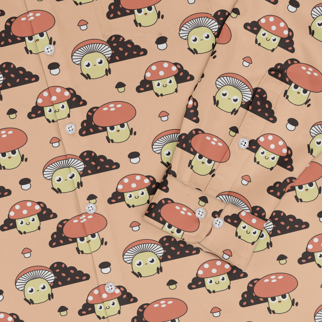 Cute Mushroom Fungi and Slime Long Sleeve Button Up Shirt Geek Nerd adult sizing Botany Print FLOW DESC WRITING