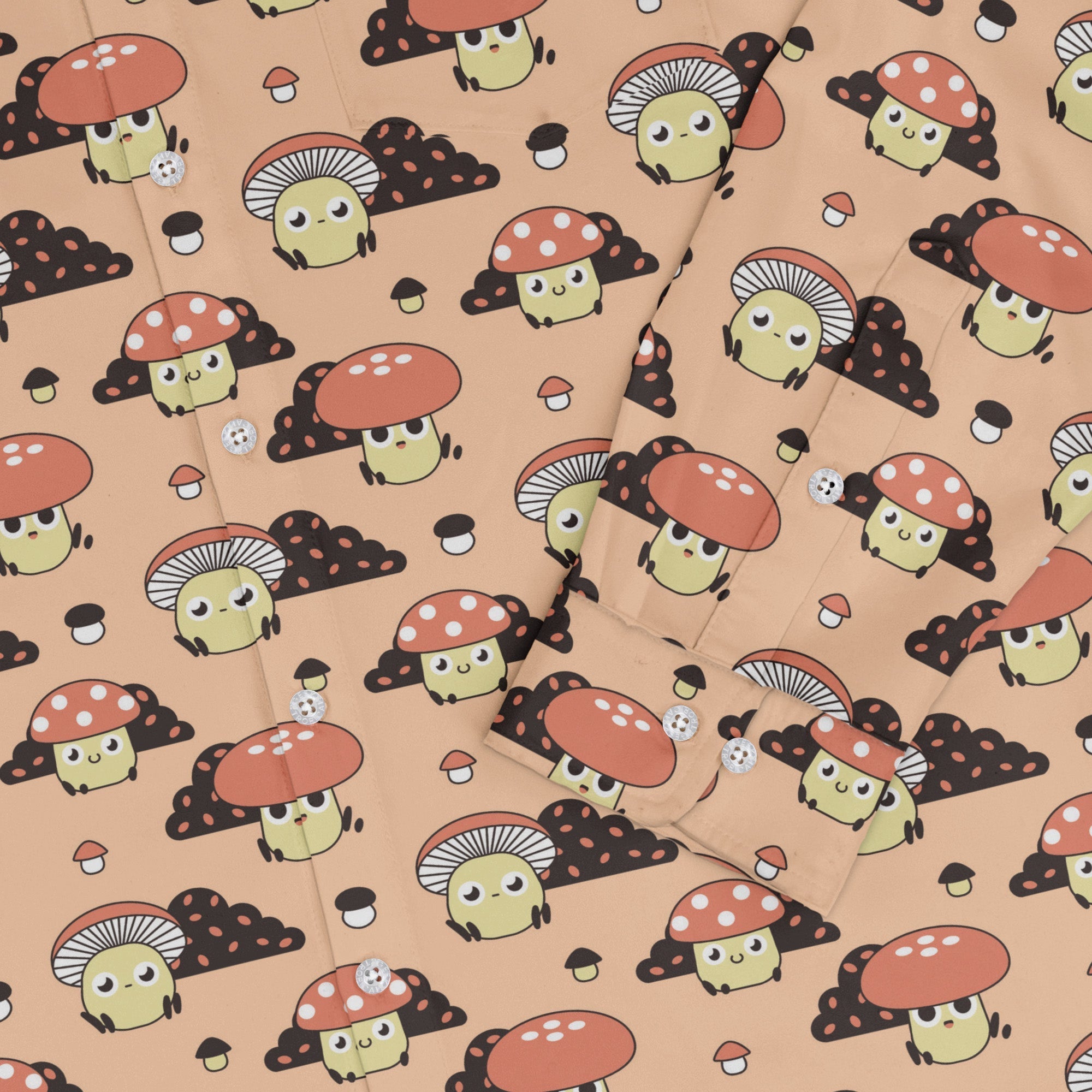 Cute Mushroom Fungi and Slime Long Sleeve Button Up Shirt Geek Nerd adult sizing Botany Print FLOW DESC WRITING
