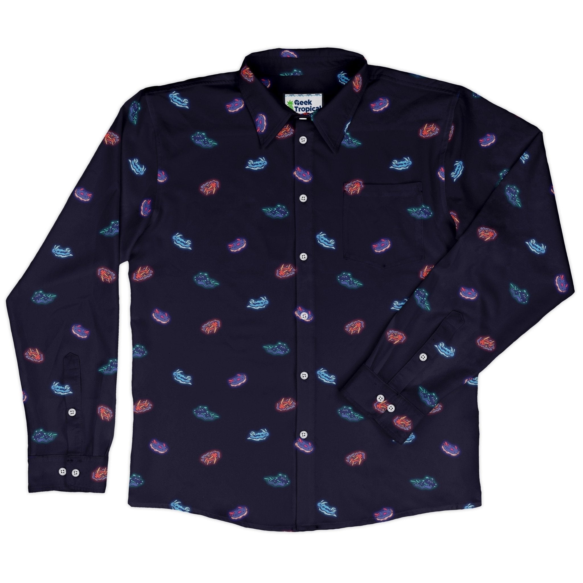 Cute Sea Slugs Long Sleeve Button Up Shirt Geek Nerd adult sizing anime Design by Ardi Tong
