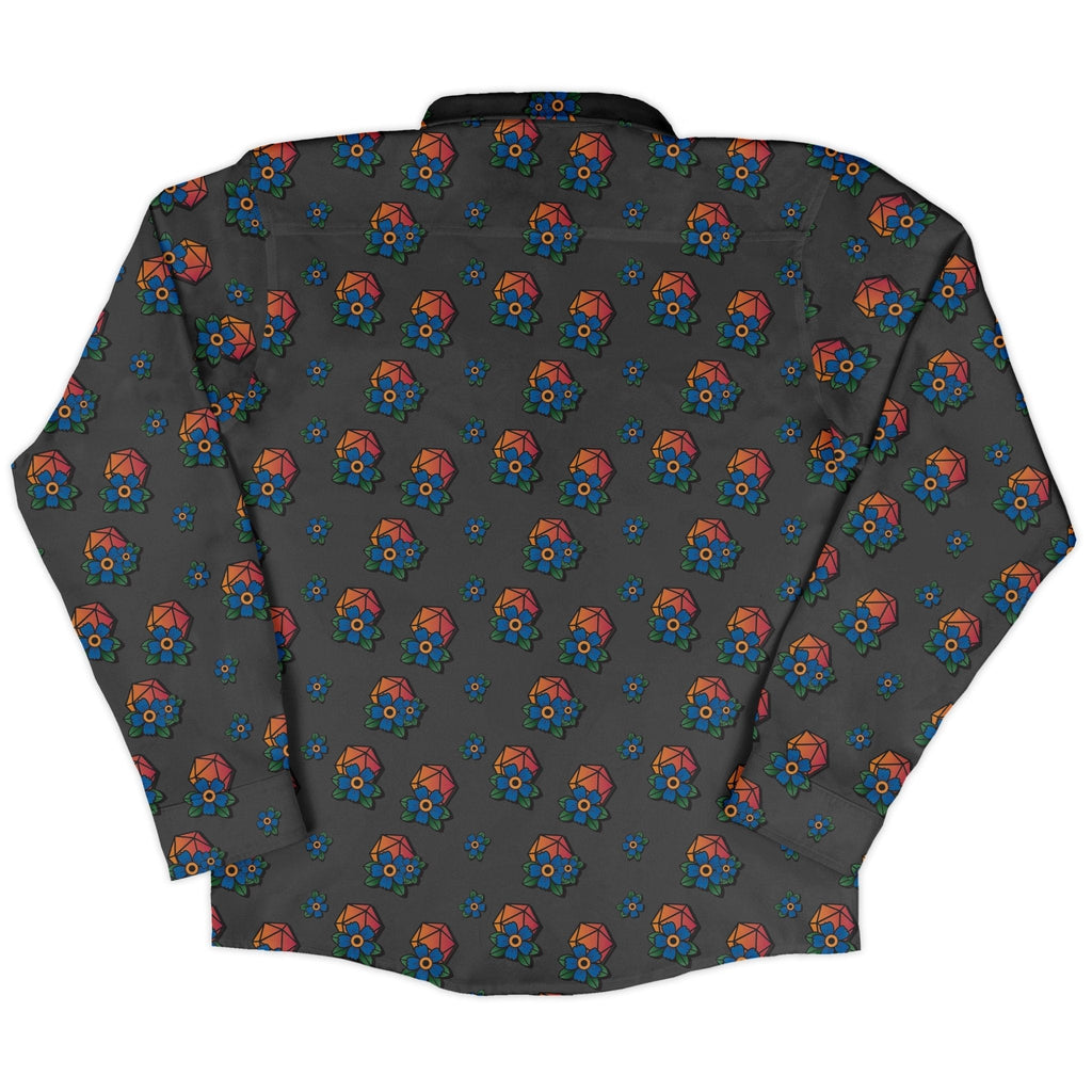 D20 Floral Hawaiian Gray Long Sleeve Button Up Shirt Geek Nerd adult sizing Design by Heather Davenport dnd & rpg print