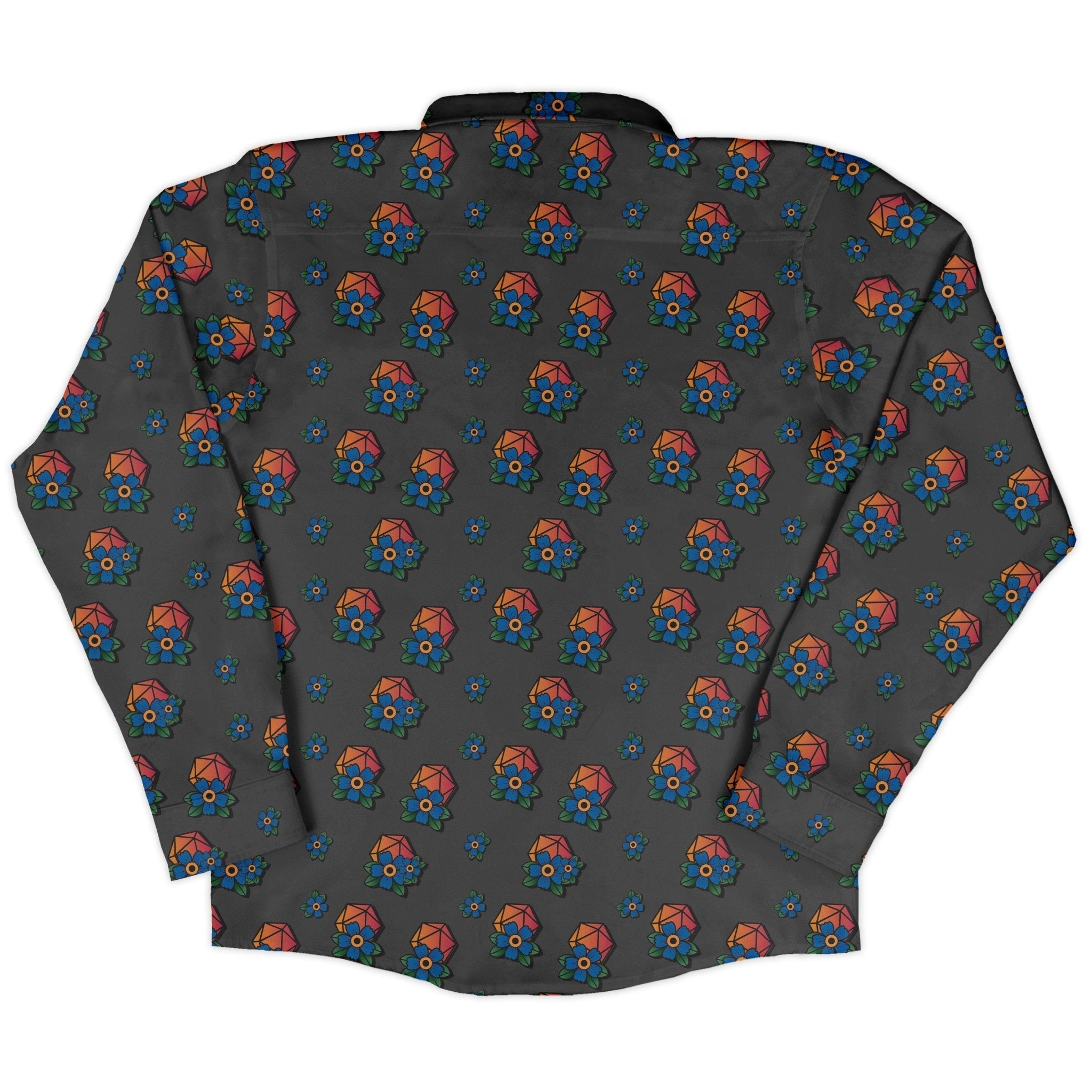 D20 Floral Hawaiian Gray Long Sleeve Button Up Shirt Geek Nerd adult sizing Design by Heather Davenport dnd & rpg print