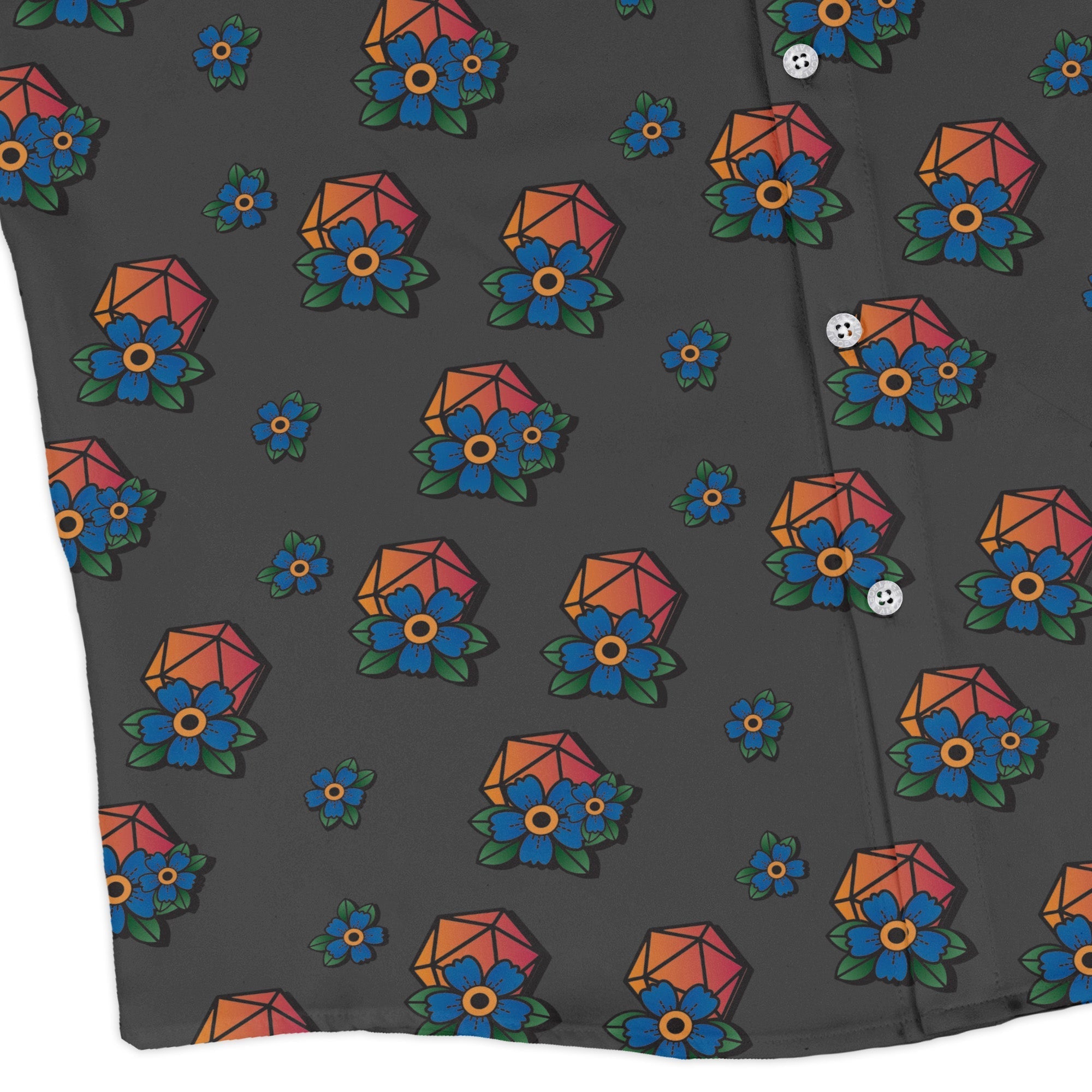 D20 Floral Hawaiian Gray Long Sleeve Button Up Shirt Geek Nerd adult sizing Design by Heather Davenport dnd & rpg print