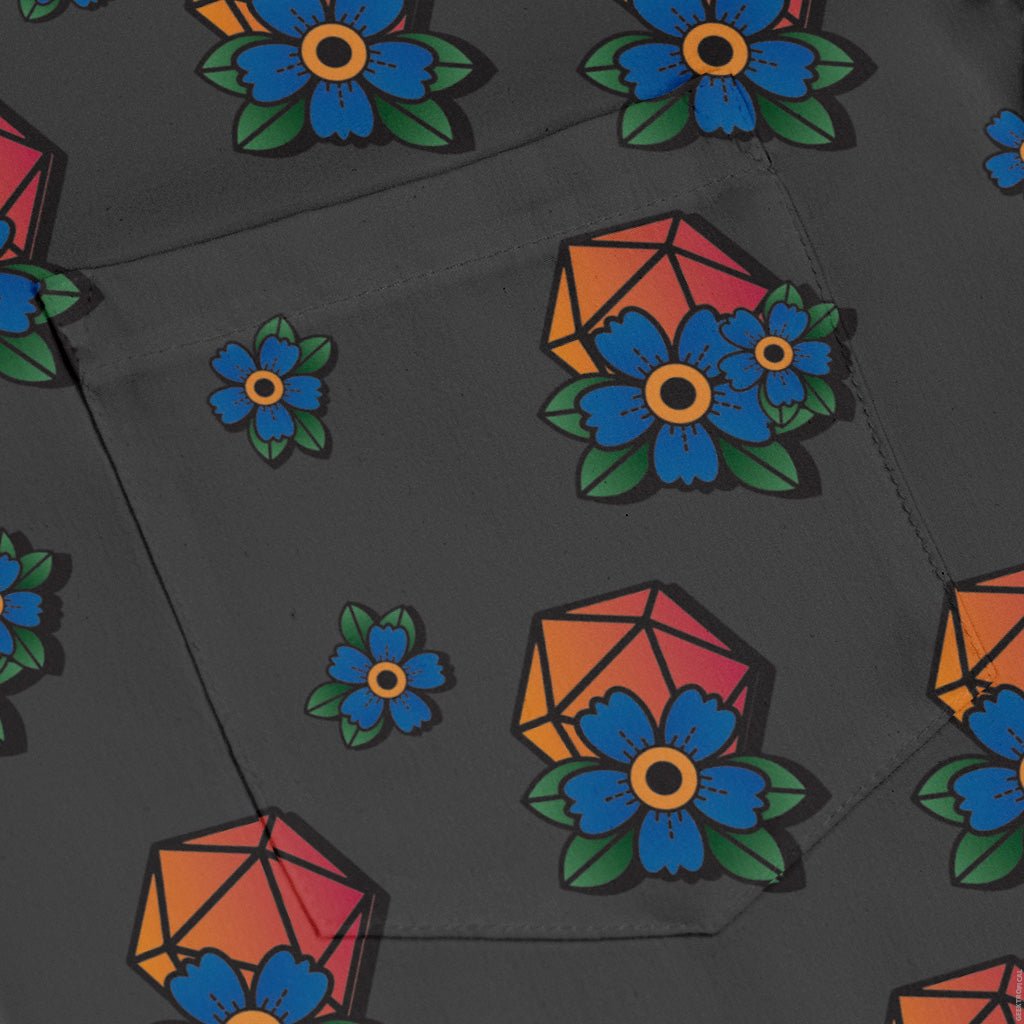 D20 Floral Hawaiian Gray Long Sleeve Button Up Shirt Geek Nerd adult sizing Design by Heather Davenport dnd & rpg print