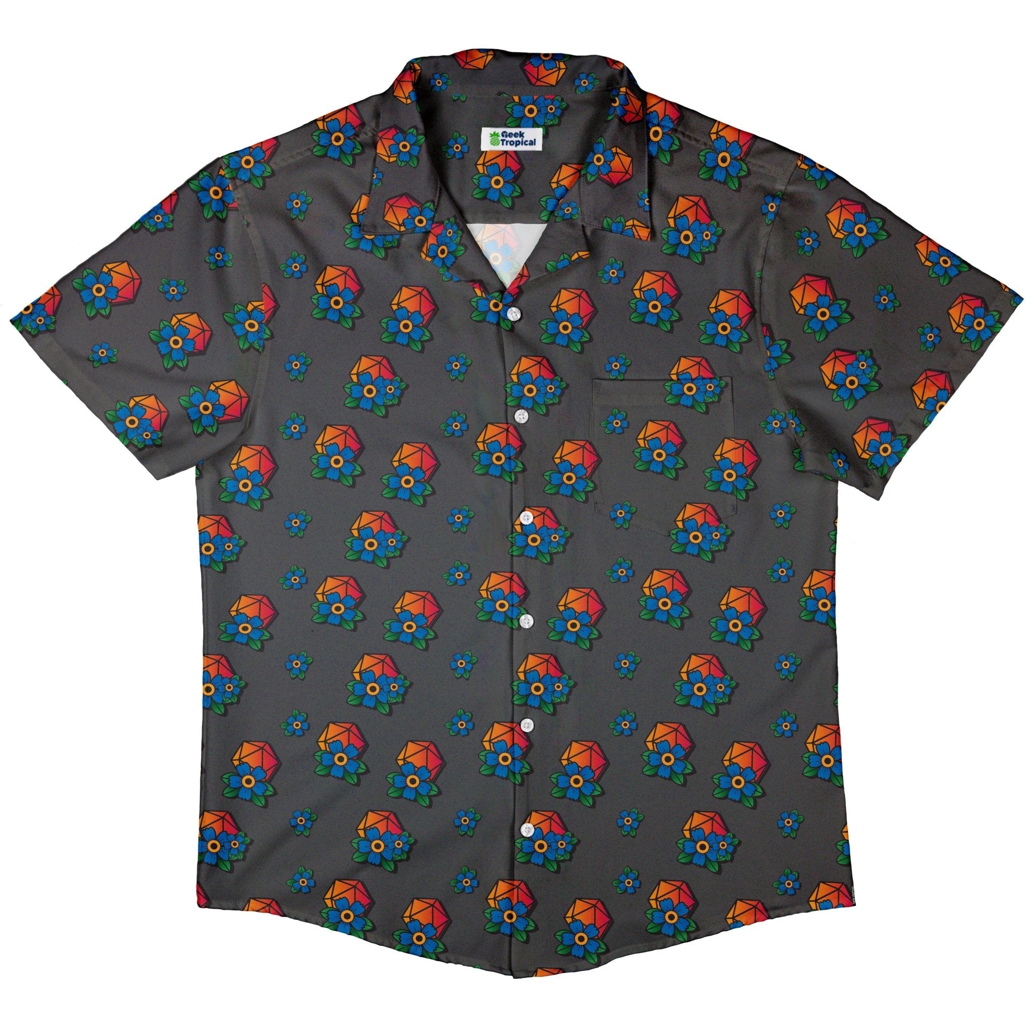 D20 Floral Hawaiian Gray Button Up Shirt - adult sizing - Design by Heather Davenport - dnd & rpg print