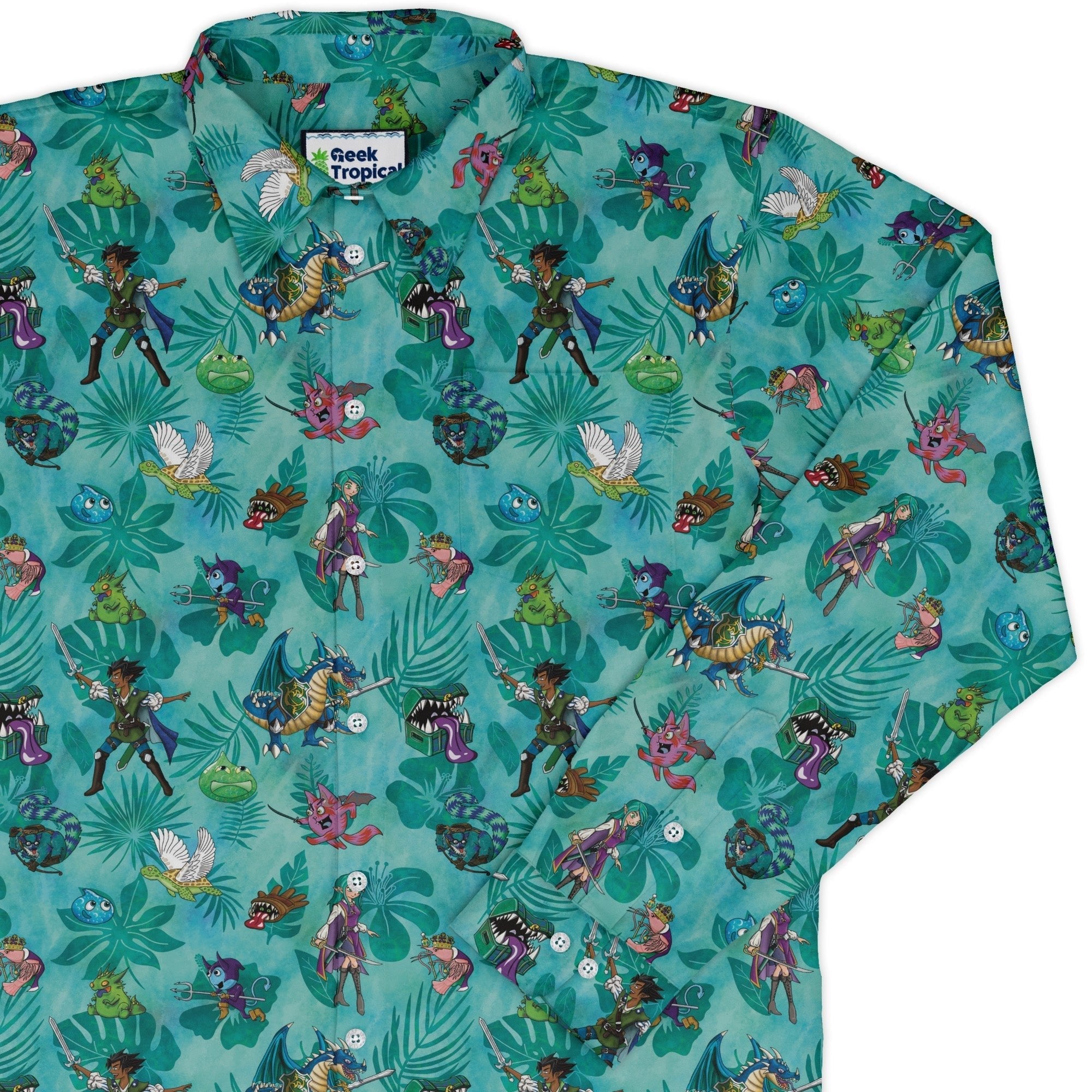 DND Cartoon Quest Long Sleeve Button Up Shirt Geek Nerd adult sizing Designs by Nathan dnd & rpg print