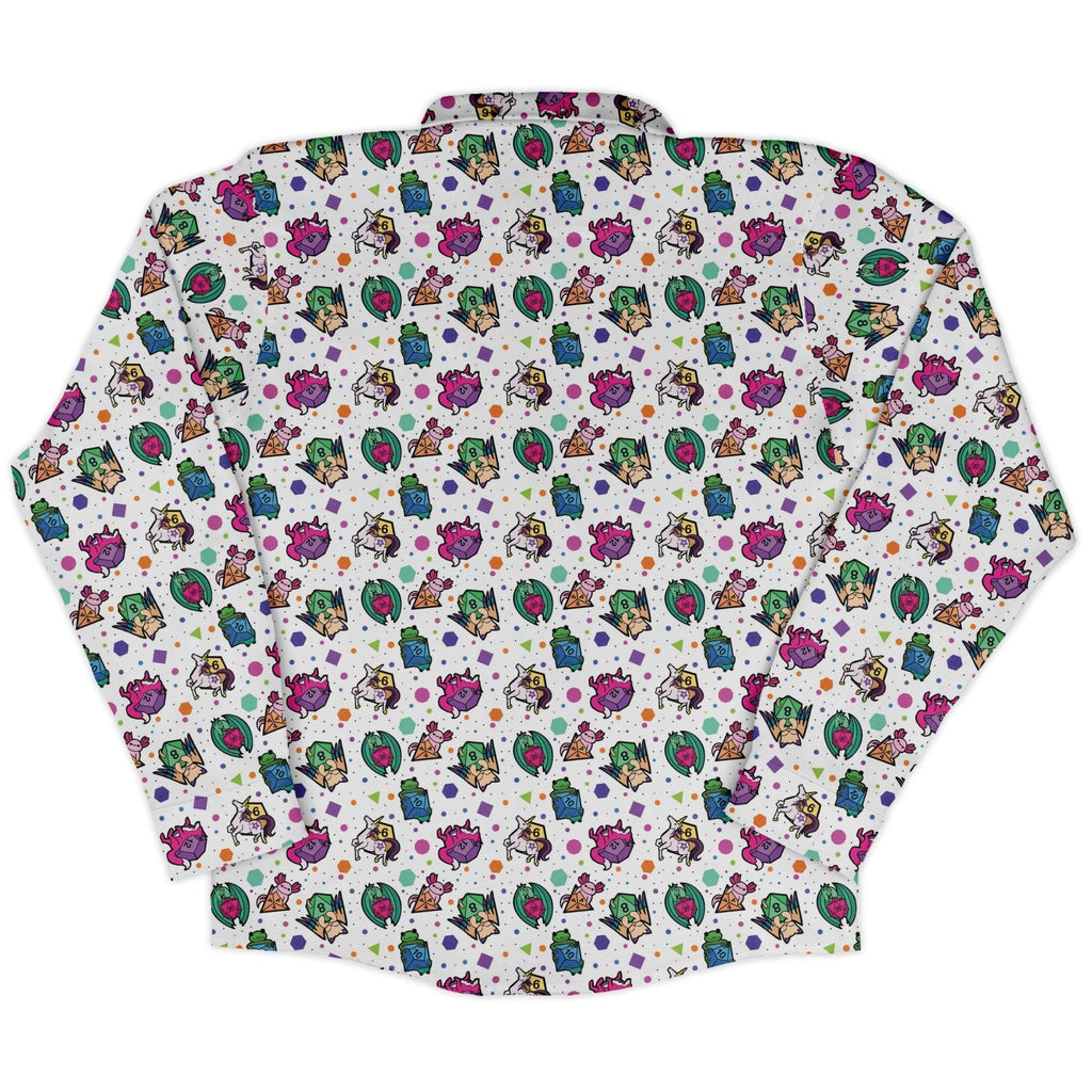 DND Dice Critters Colors Long Sleeve Button Up Shirt Geek Nerd adult sizing Animal Patterns Designed by Rose Khan