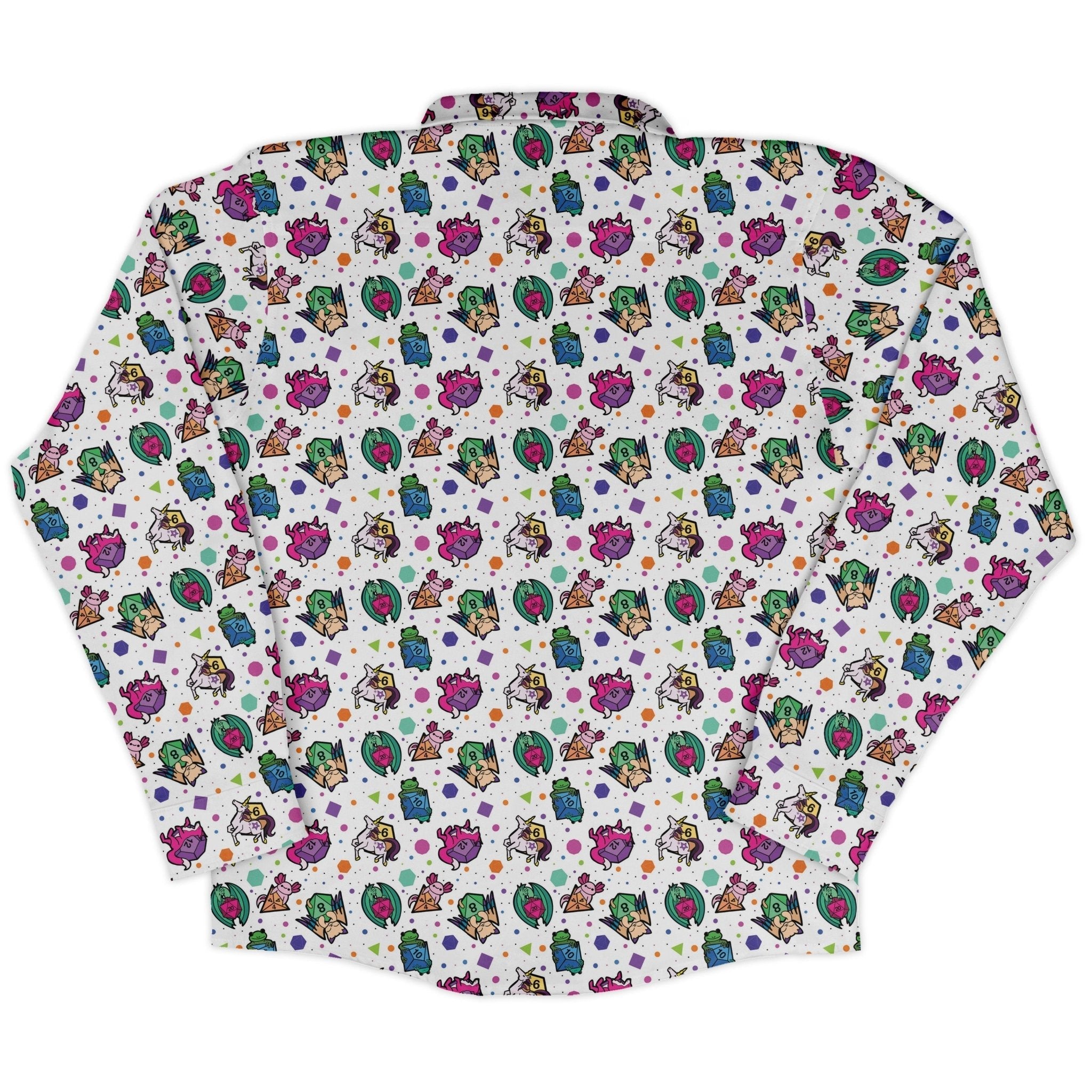 DND Dice Critters Colors Long Sleeve Button Up Shirt Geek Nerd adult sizing Animal Patterns Designed by Rose Khan