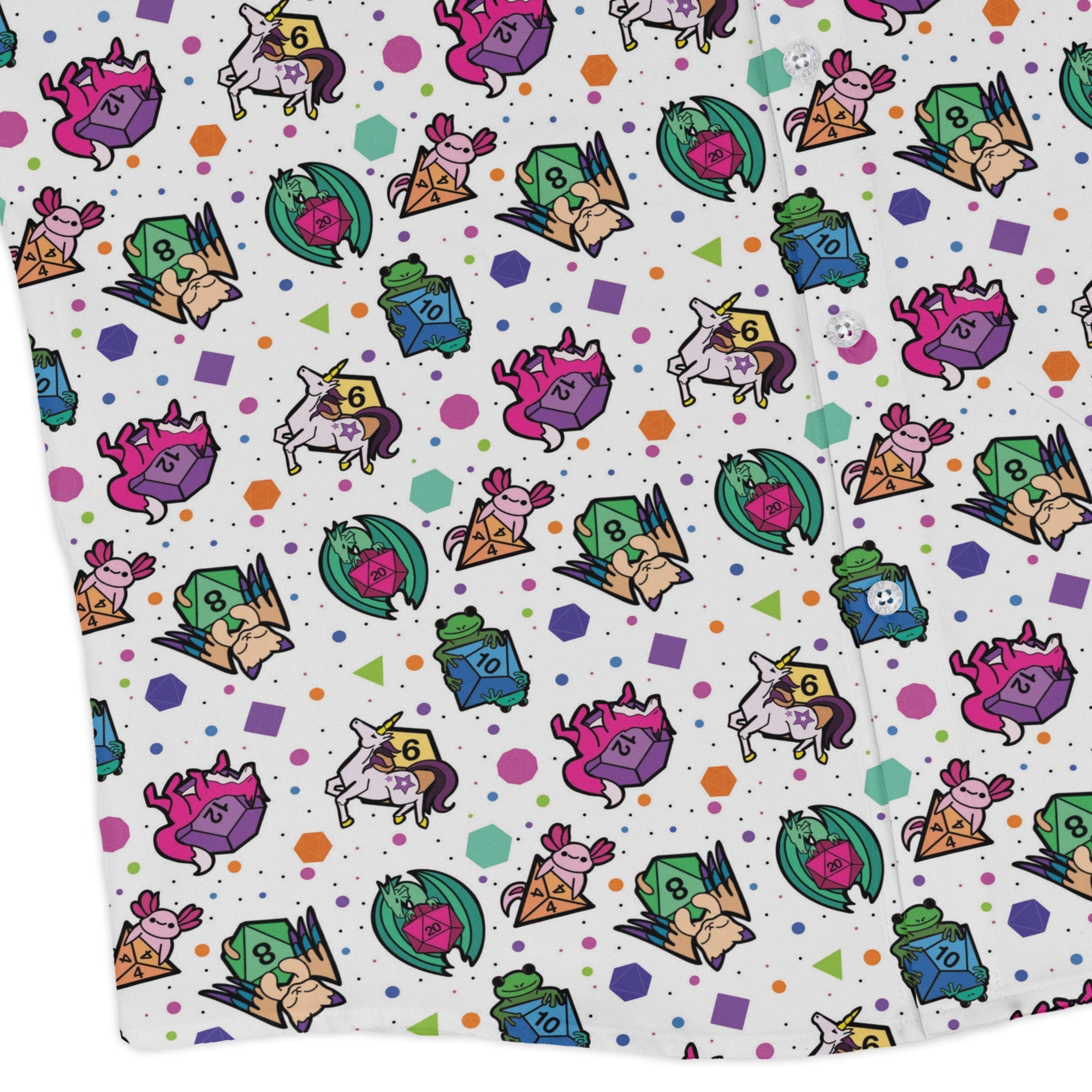 DND Dice Critters Colors Long Sleeve Button Up Shirt Geek Nerd adult sizing Animal Patterns Designed by Rose Khan