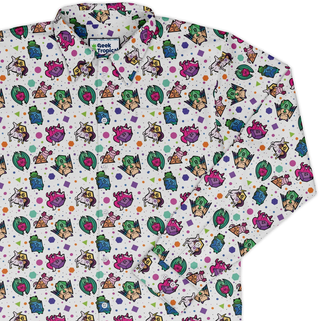 DND Dice Critters Colors Long Sleeve Button Up Shirt Geek Nerd adult sizing Animal Patterns Designed by Rose Khan