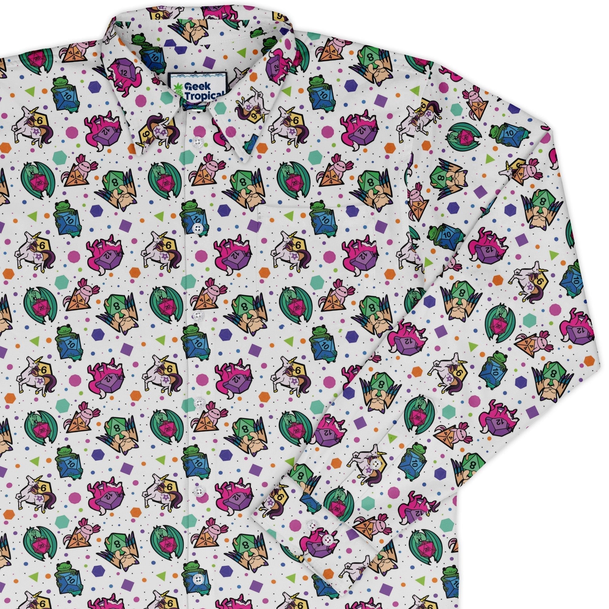 DND Dice Critters Colors Long Sleeve Button Up Shirt Geek Nerd adult sizing Animal Patterns Designed by Rose Khan