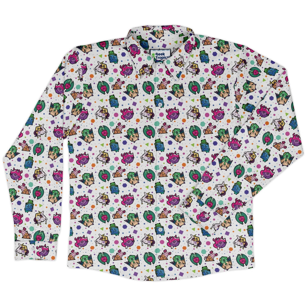 DND Dice Critters Colors Long Sleeve Button Up Shirt Geek Nerd adult sizing Animal Patterns Designed by Rose Khan