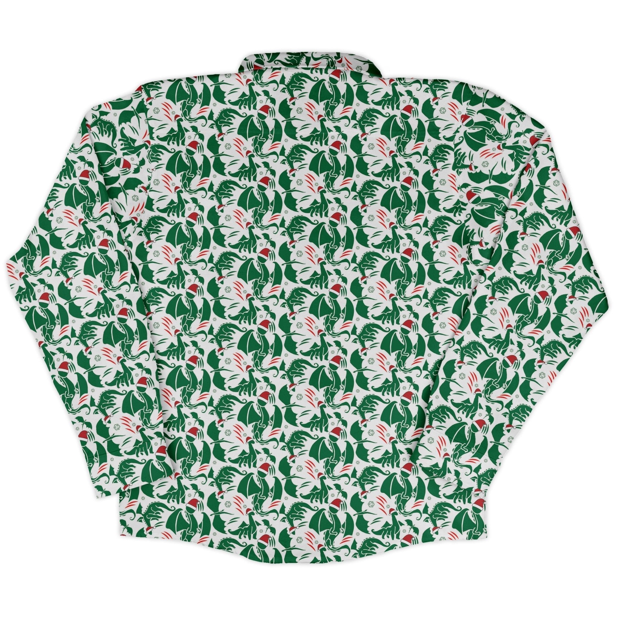 DND Santa Hat Dragons Long Sleeve Button Up Shirt Geek Nerd adult sizing Christmas Print Design by Heather Davenport