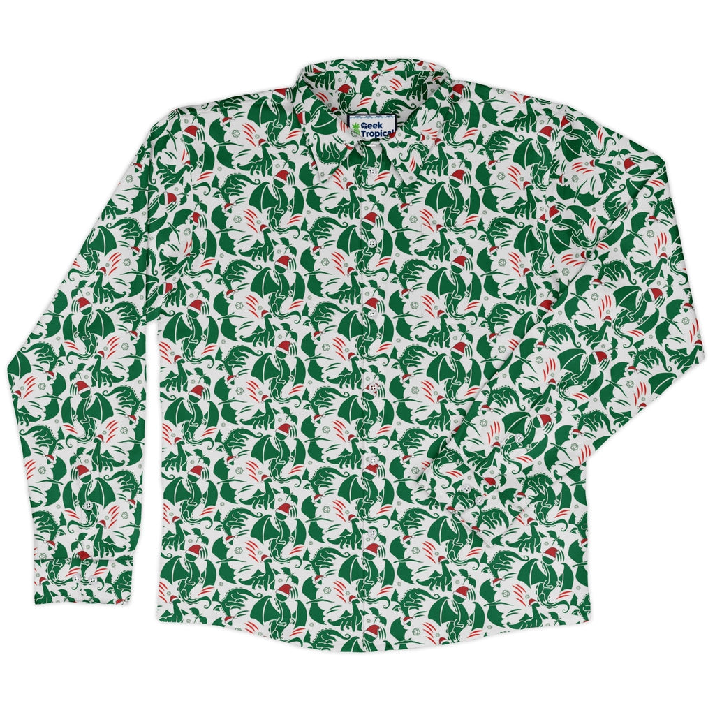 DND Santa Hat Dragons Long Sleeve Button Up Shirt Geek Nerd adult sizing Christmas Print Design by Heather Davenport