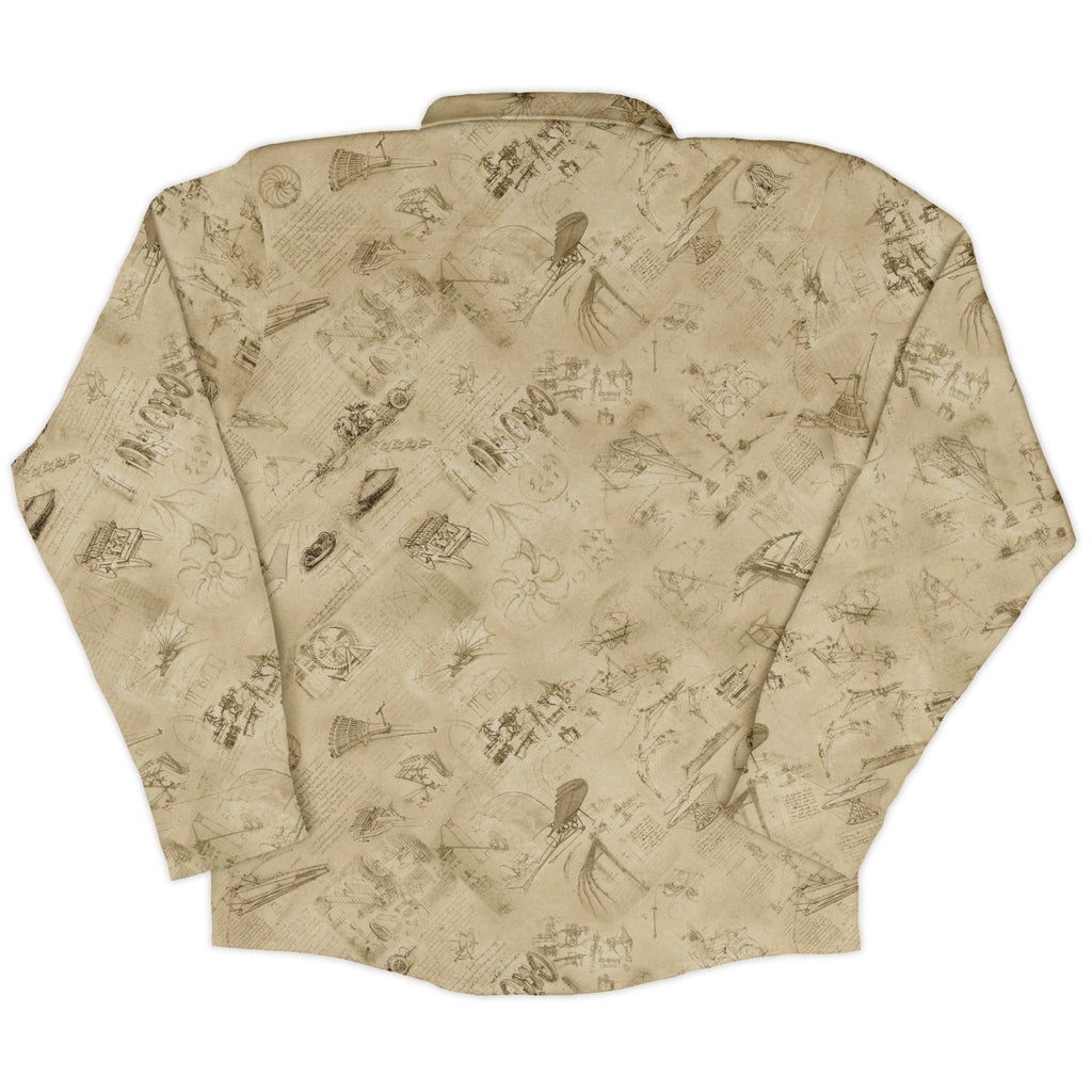 Da Vinci Mechanical Marvels Long Sleeve Button Up Shirt Geek Nerd adult sizing Designs by Nathan FLOW DESC WRITING