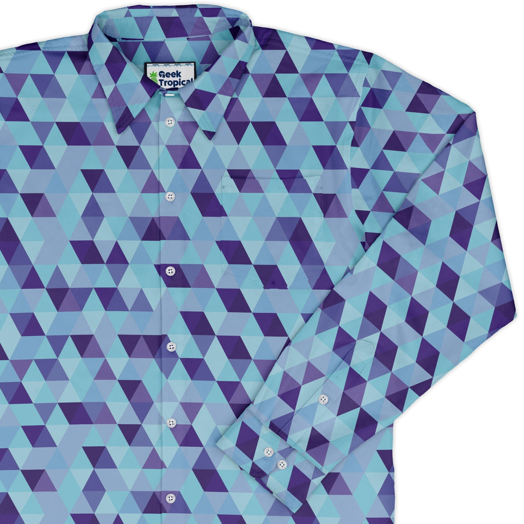 Deviant Polygons Long Sleeve Button Up Shirt Geek Nerd adult sizing Design by Claire Murphy FLOW DESC WRITING