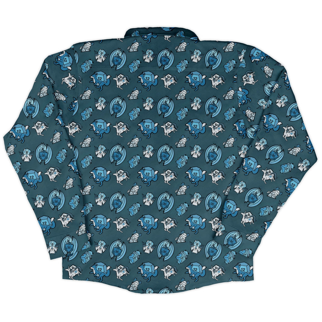 Dice Critters Blue Monochrome Long Sleeve Button Up Shirt Geek Nerd adult sizing Animal Patterns Designed by Rose Khan