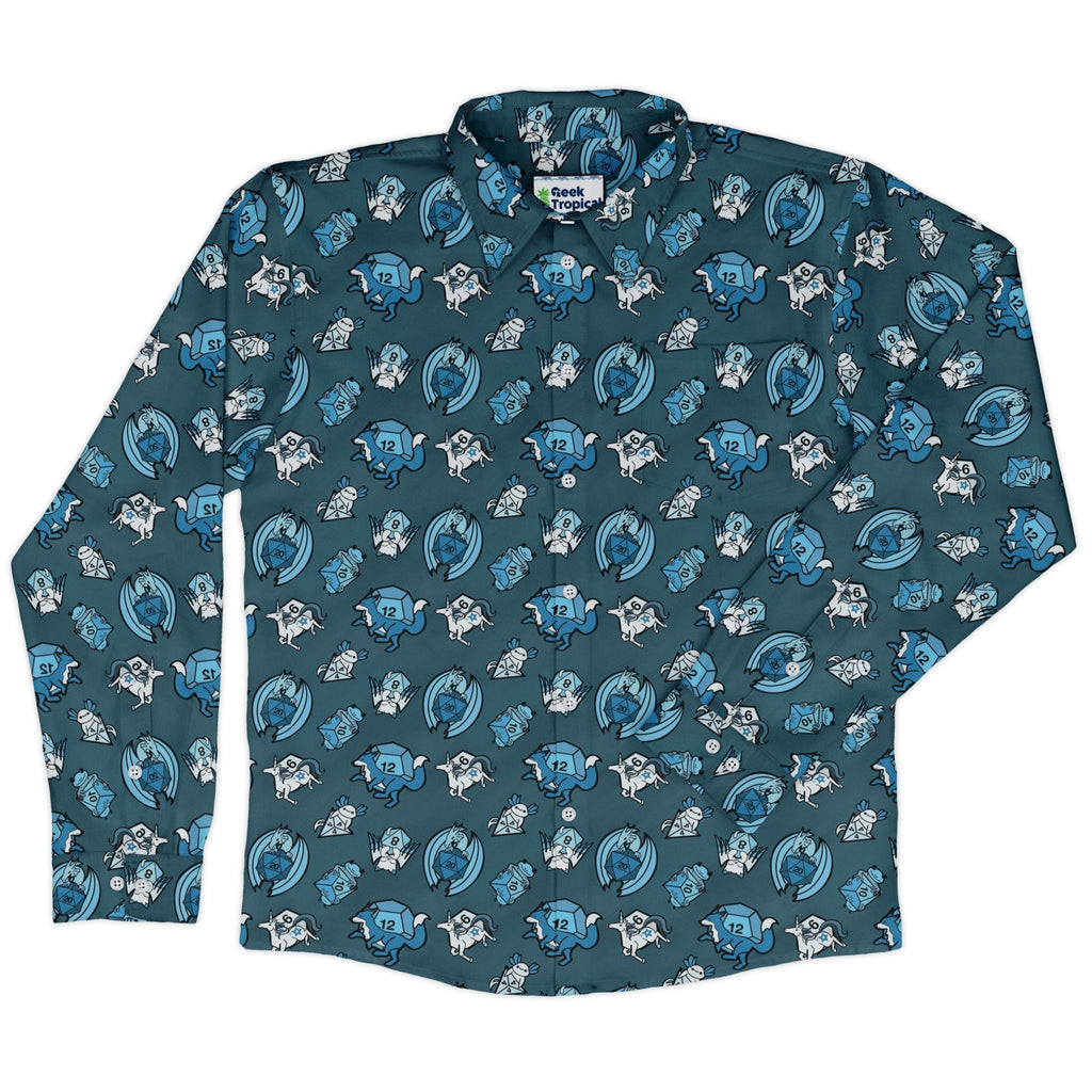 Dice Critters Blue Monochrome Long Sleeve Button Up Shirt Geek Nerd adult sizing Animal Patterns Designed by Rose Khan