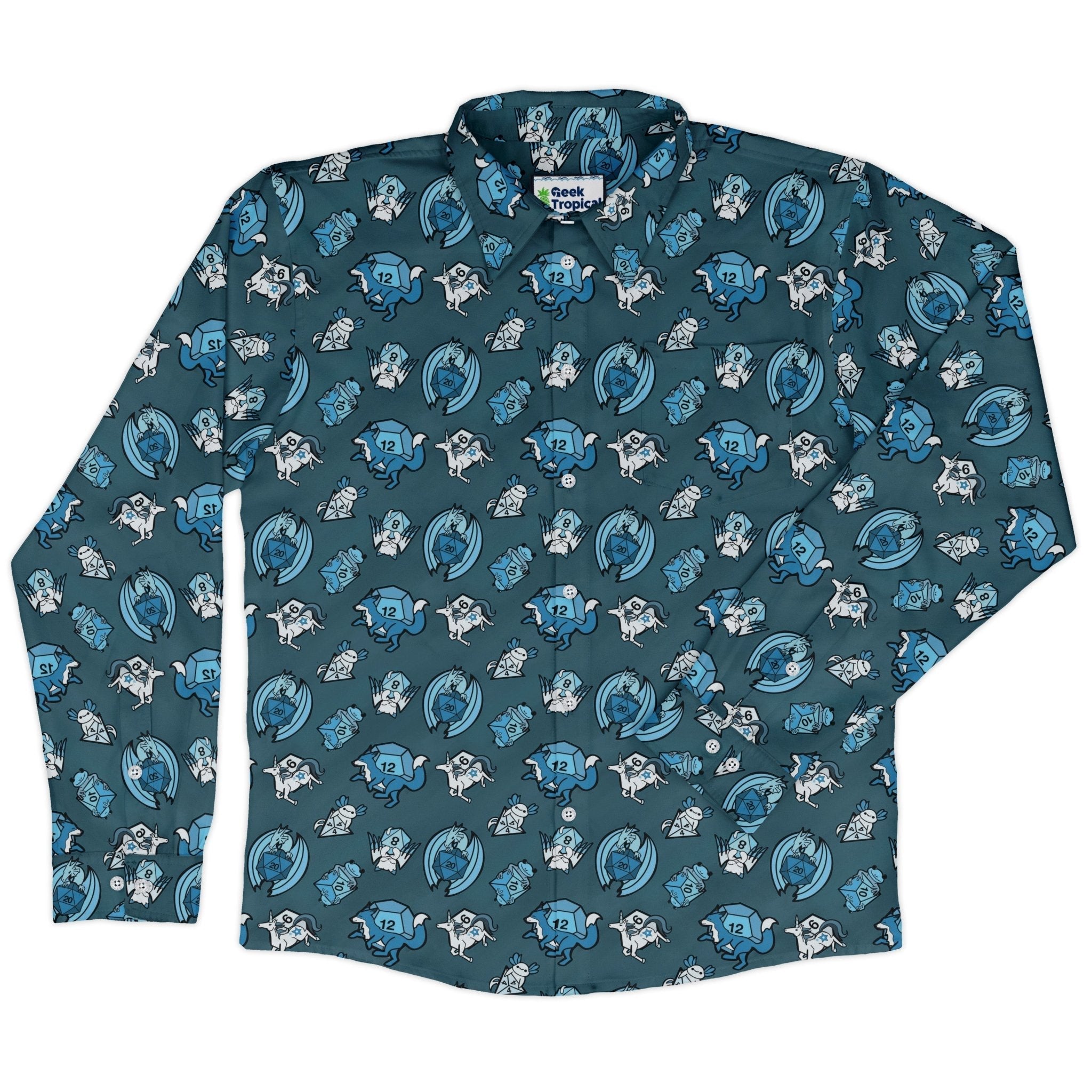 Dice Critters Blue Monochrome Long Sleeve Button Up Shirt Geek Nerd adult sizing Animal Patterns Designed by Rose Khan