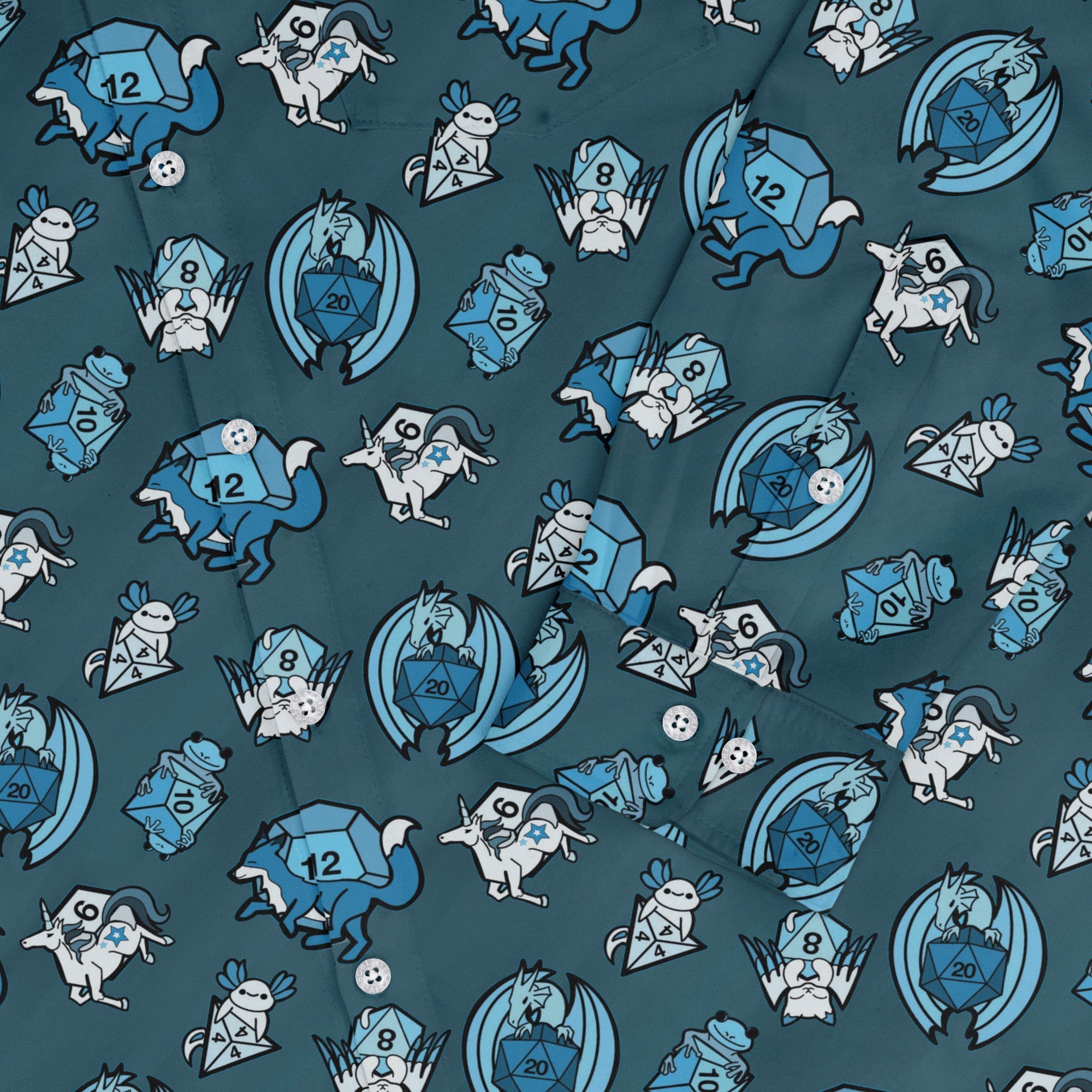 Dice Critters Blue Monochrome Long Sleeve Button Up Shirt Geek Nerd adult sizing Animal Patterns Designed by Rose Khan