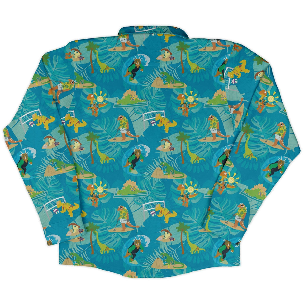Dino Beach Party Long Sleeve Button Up Shirt Geek Nerd adult sizing Designs by Nathan dinosaur print