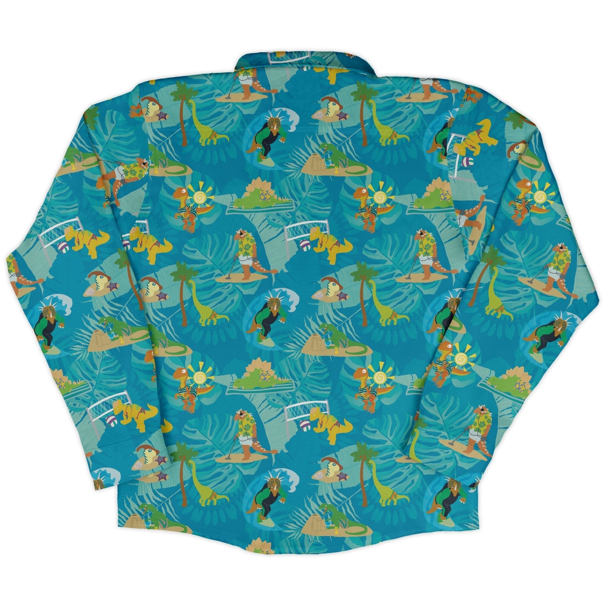 Dino Beach Party Long Sleeve Button Up Shirt Geek Nerd adult sizing Designs by Nathan dinosaur print