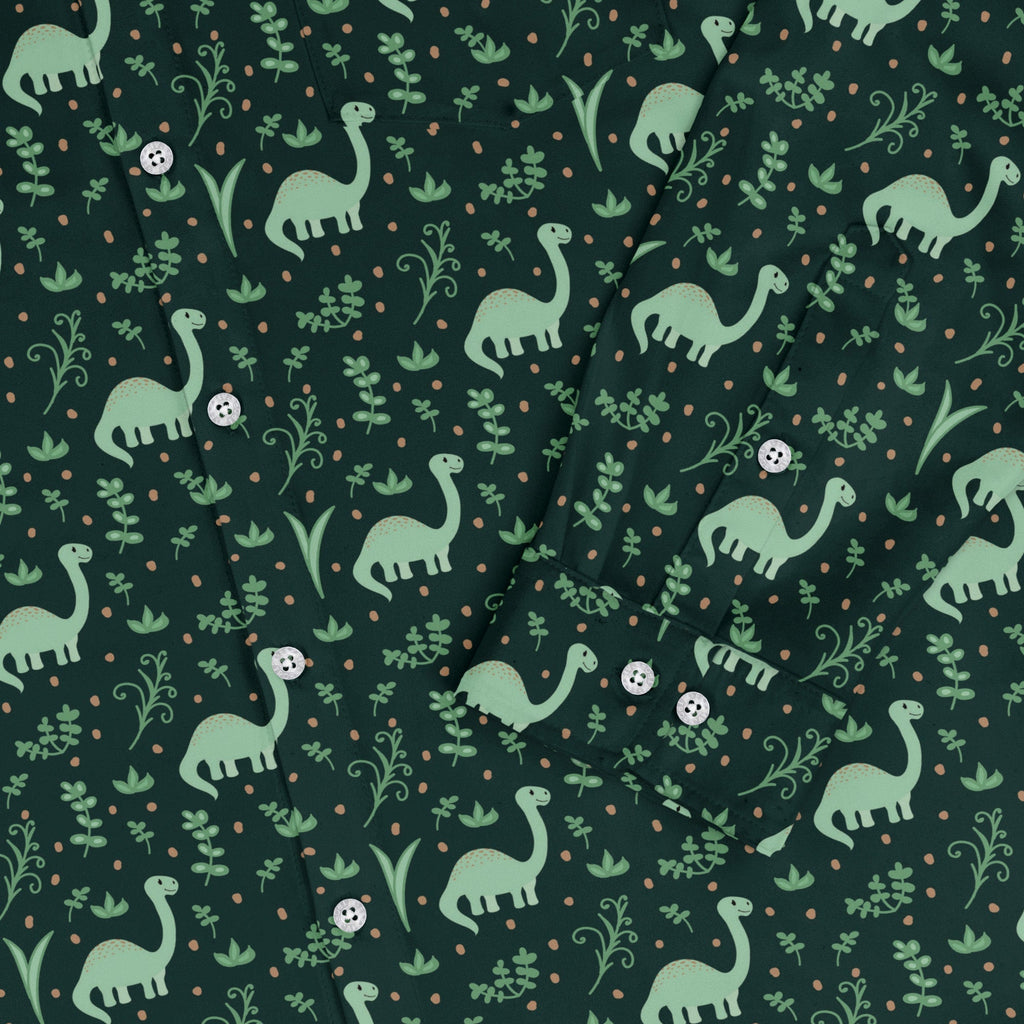 Dino Green Tropics Green Dinosaur Long Sleeve Button Up Shirt Geek Nerd adult sizing dinosaur print FLOW DESC WRITING