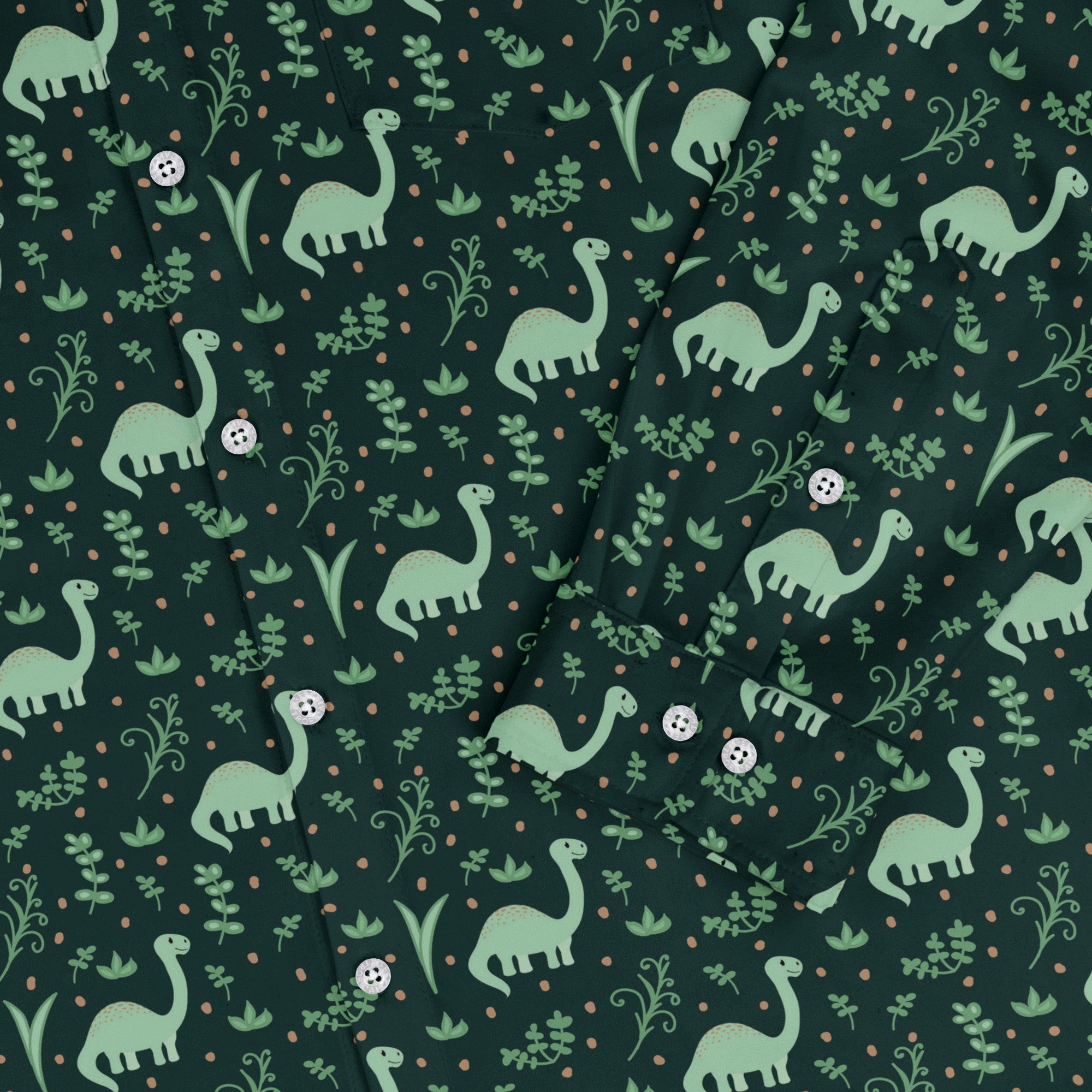 Dino Green Tropics Green Dinosaur Long Sleeve Button Up Shirt Geek Nerd adult sizing dinosaur print FLOW DESC WRITING