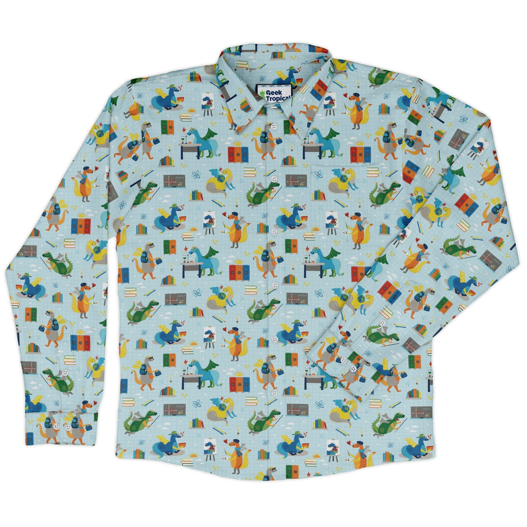 Dino School Long Sleeve Button Up Shirt Geek Nerd adult sizing Design by Zirkus Design dinosaur print