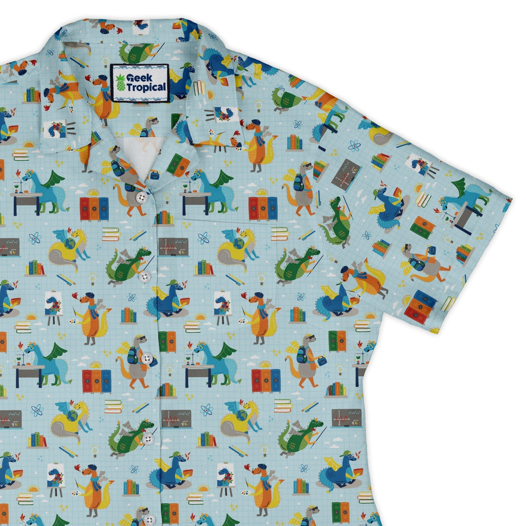 Dino School Curvy Button Up Shirt Geek Nerd Design by Zirkus Design dinosaur print q225