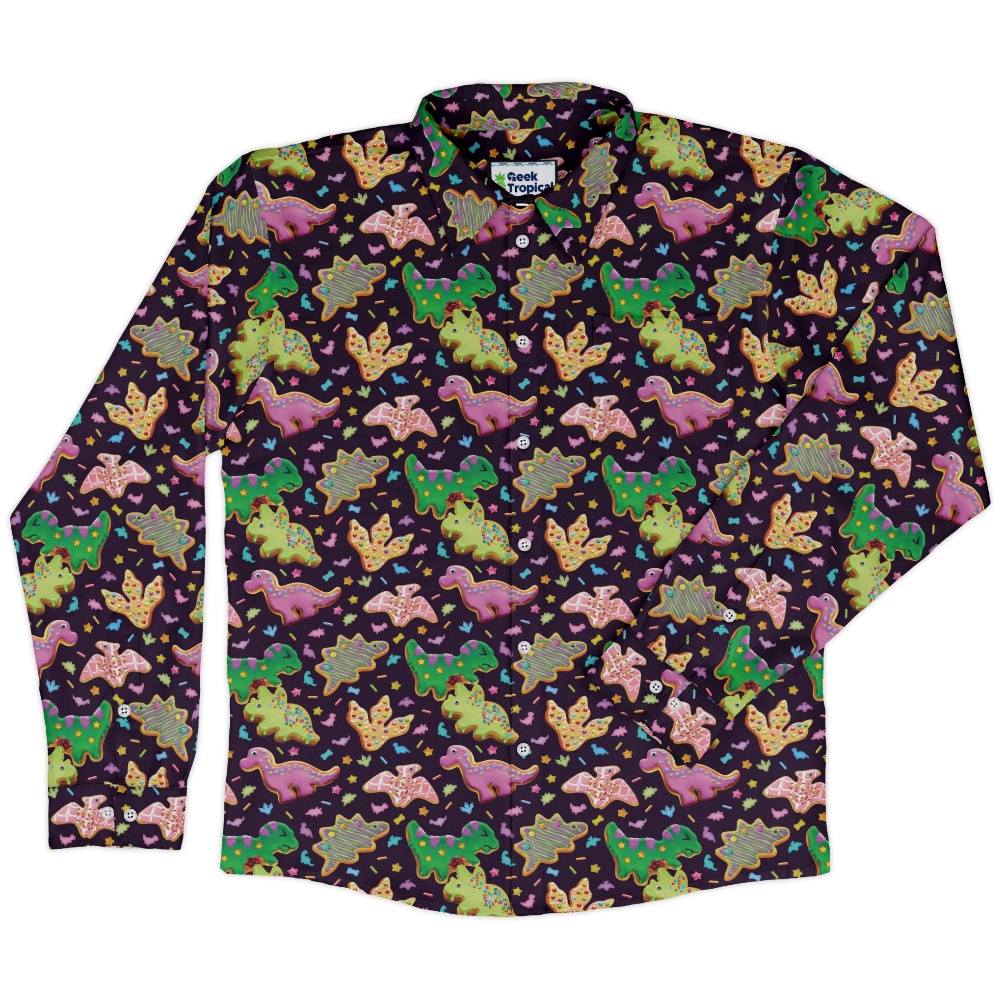 Dinonuts Long Sleeve Button Up Shirt Geek Nerd adult sizing Design By Brigid Ashwood dinosaur print