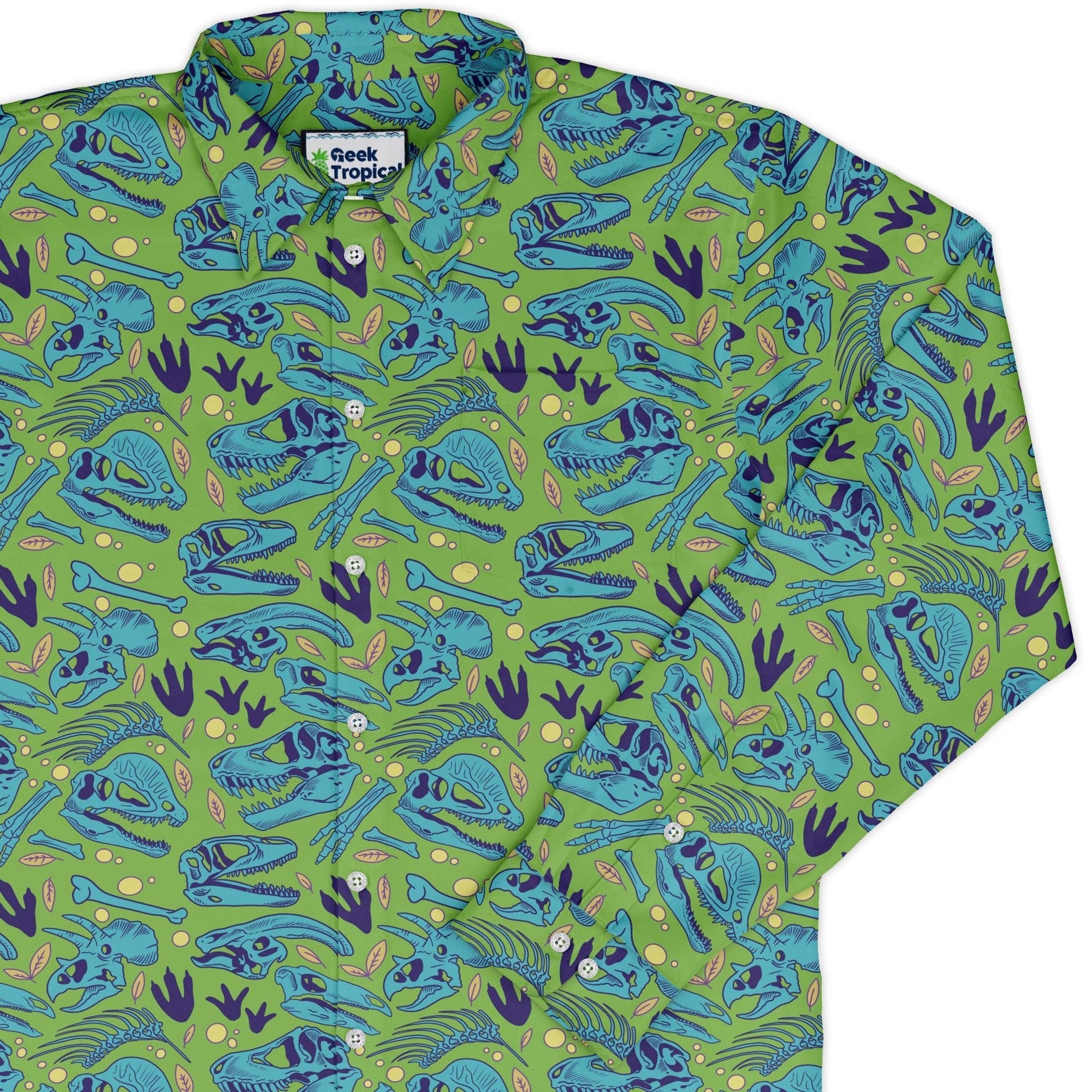 Dinosaur Bone Digs Long Sleeve Button Up Shirt Geek Nerd adult sizing Design by Julie Kitzes dinosaur print