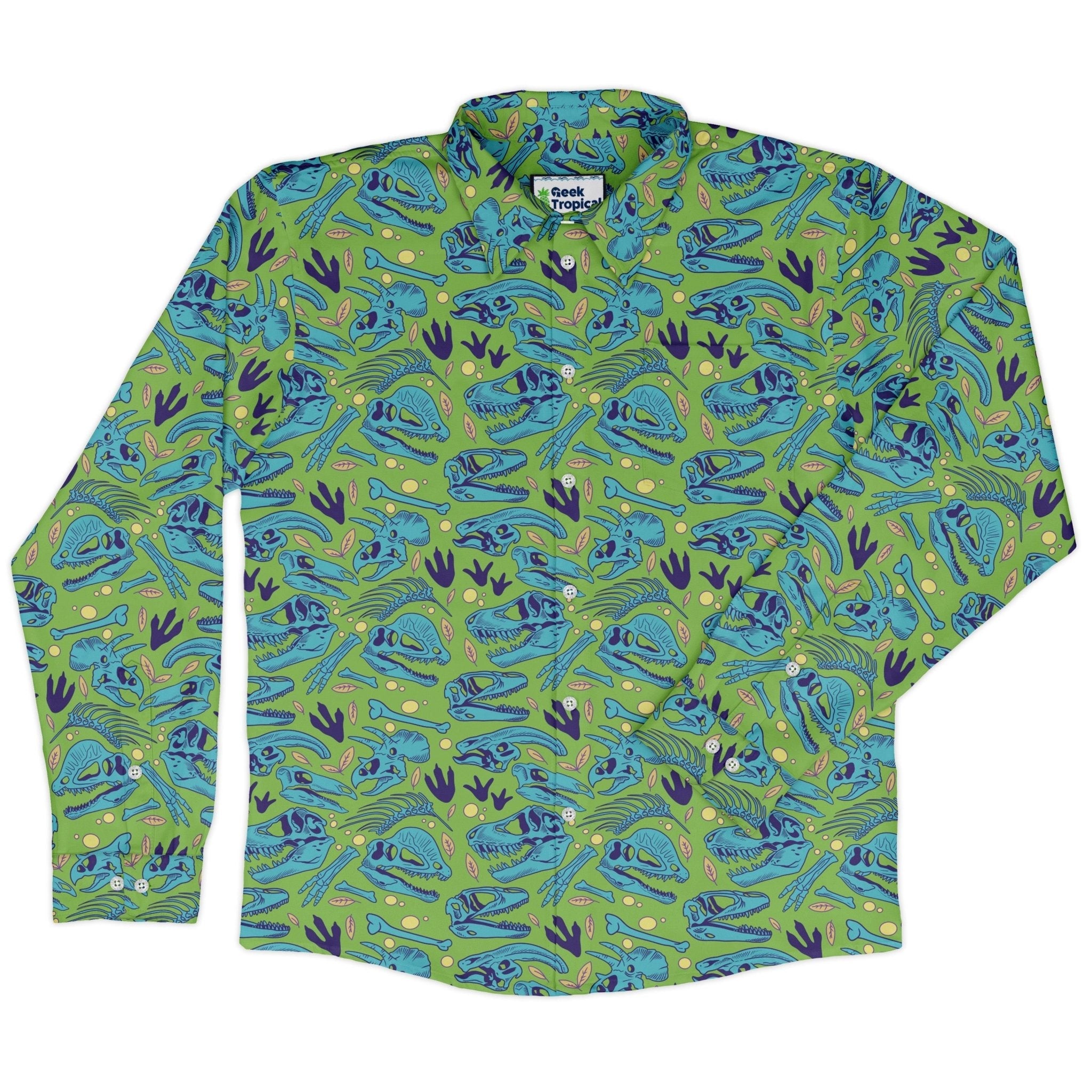 Dinosaur Bone Digs Long Sleeve Button Up Shirt Geek Nerd adult sizing Design by Julie Kitzes dinosaur print
