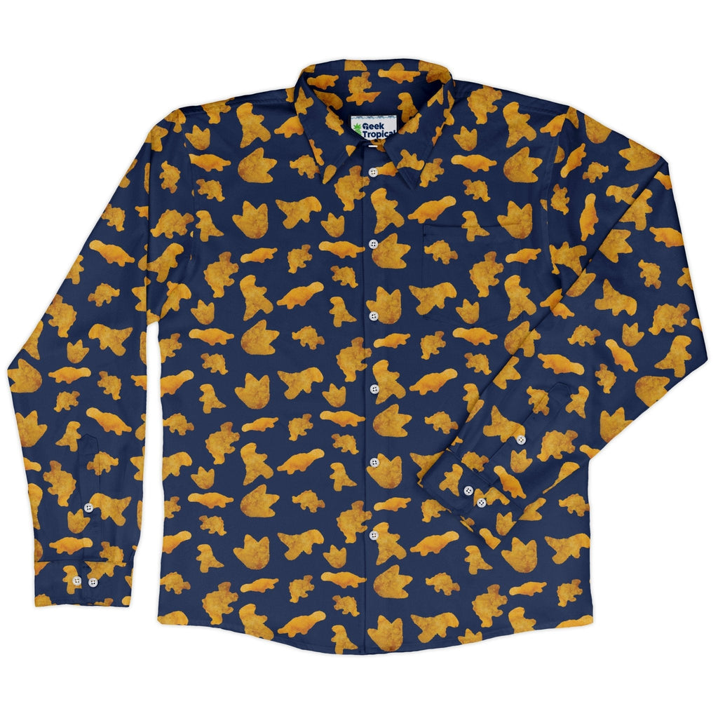 Dinosaur Chicken Nuggets Blue Long Sleeve Button Up Shirt Geek Nerd adult sizing All Adult Button Up Shirts Design by Random Galaxy