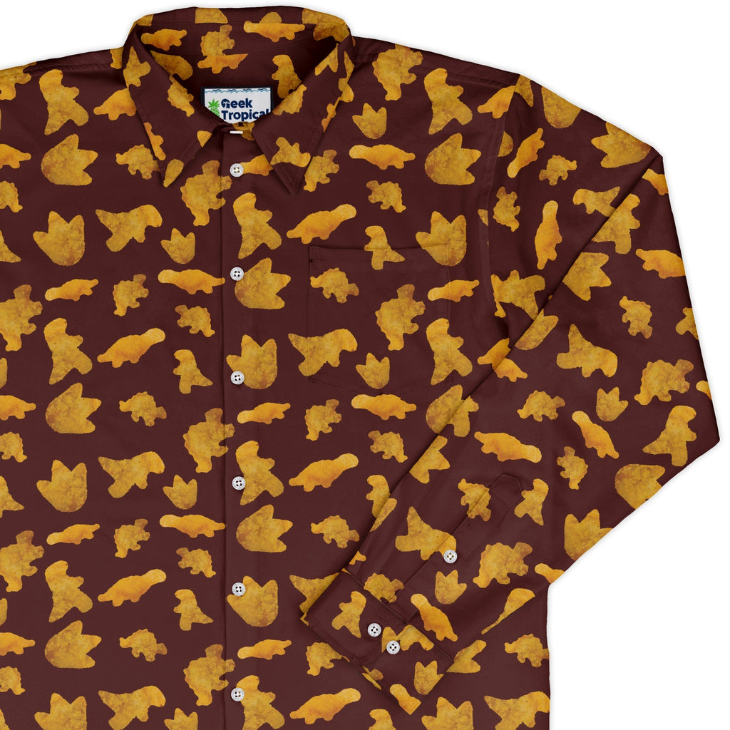 Dinosaur Chicken Nuggets Red Long Sleeve Button Up Shirt Geek Nerd adult sizing Design by Random Galaxy dinosaur print