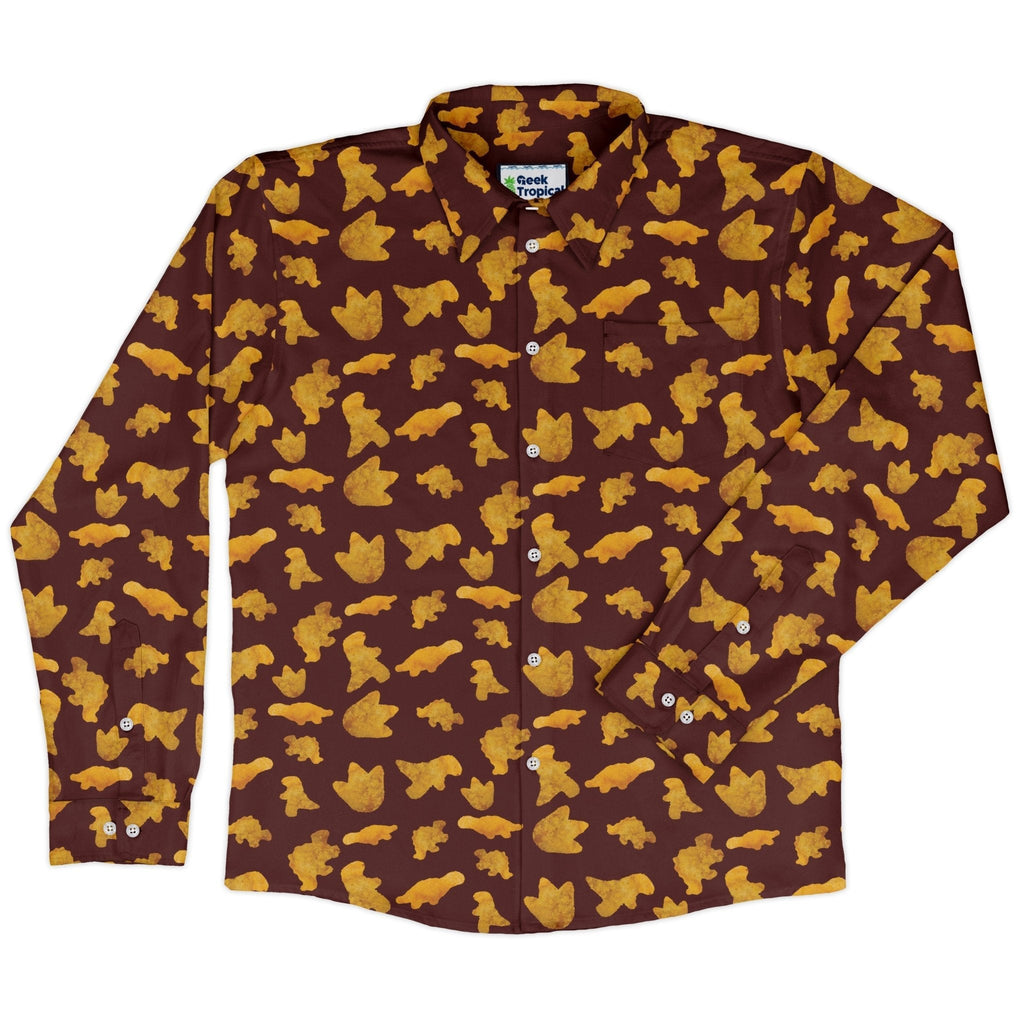 Dinosaur Chicken Nuggets Red Long Sleeve Button Up Shirt Geek Nerd adult sizing Design by Random Galaxy dinosaur print