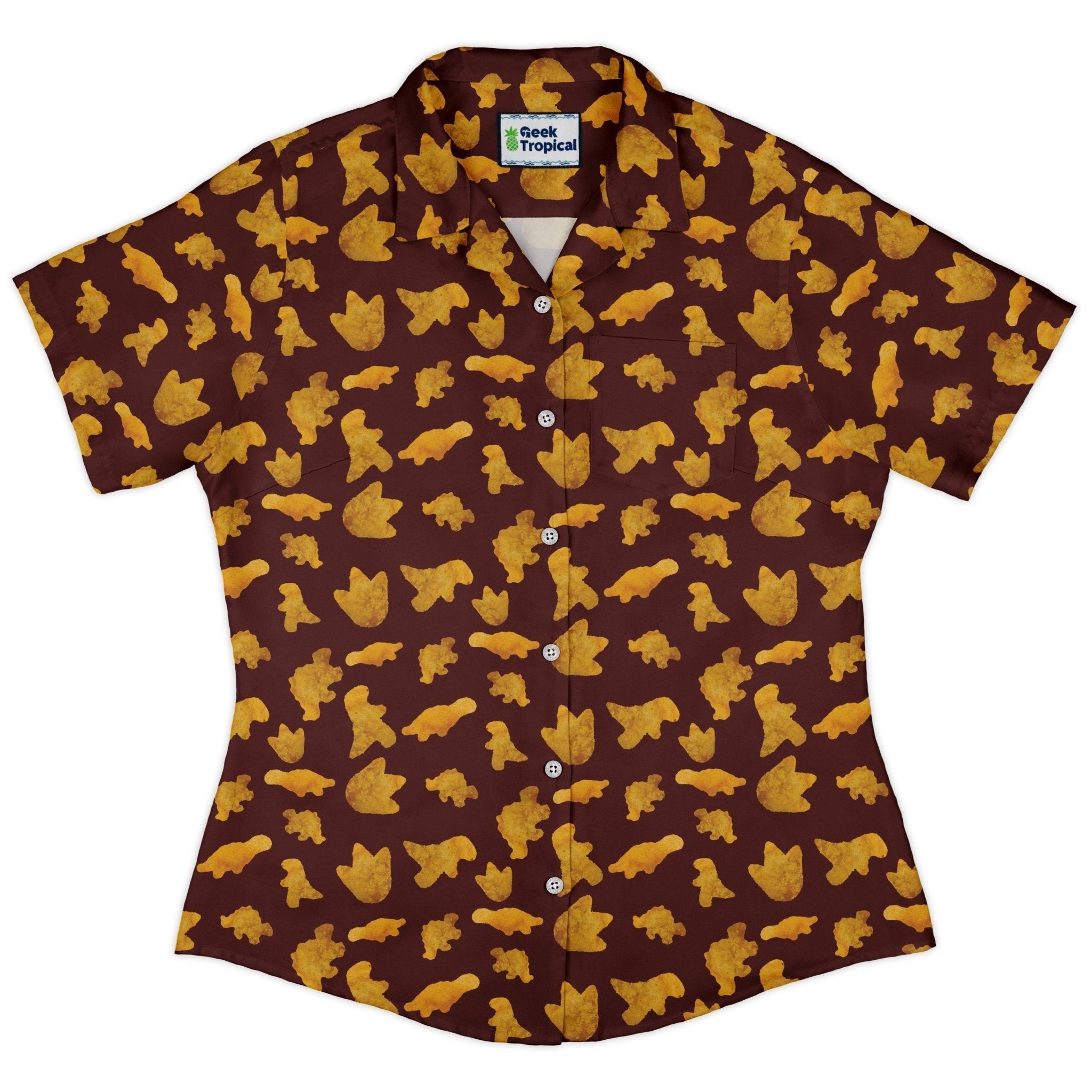 Dinosaur Chicken Nuggets Red Curvy Button Up Shirt Geek Nerd Design by Random Galaxy dinosaur print women