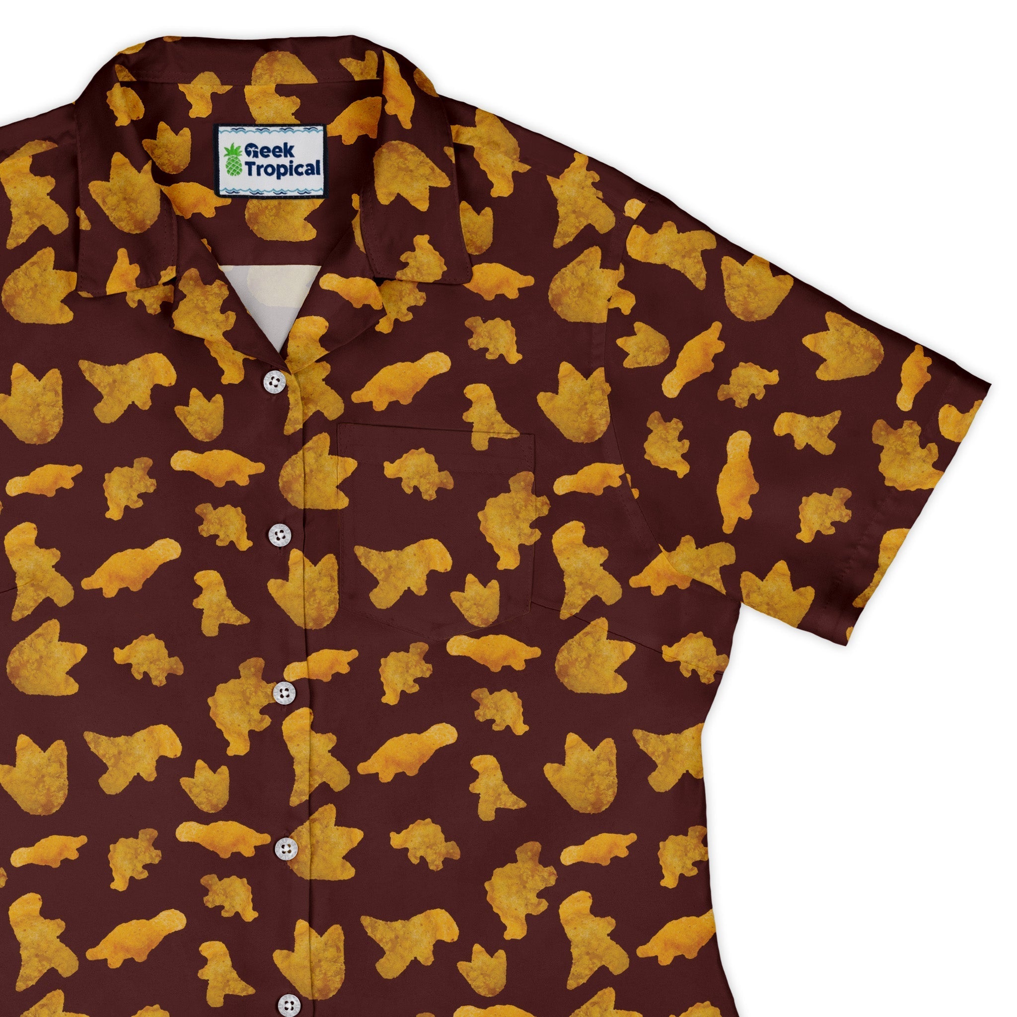 Dinosaur Chicken Nuggets Red Curvy Button Up Shirt Geek Nerd Design by Random Galaxy dinosaur print women