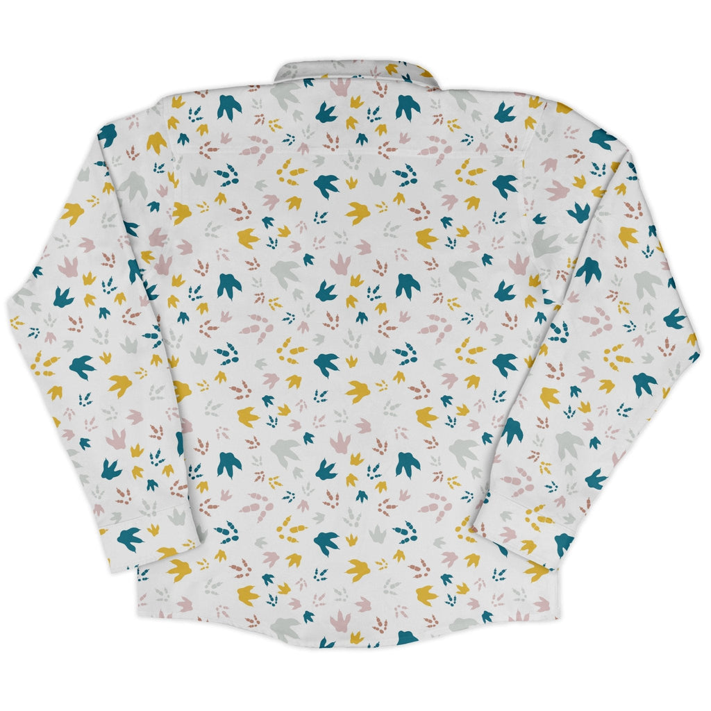 Dinosaur Footprint Tracks White Long Sleeve Button Up Shirt Geek Nerd adult sizing dinosaur print FLOW DESC WRITING
