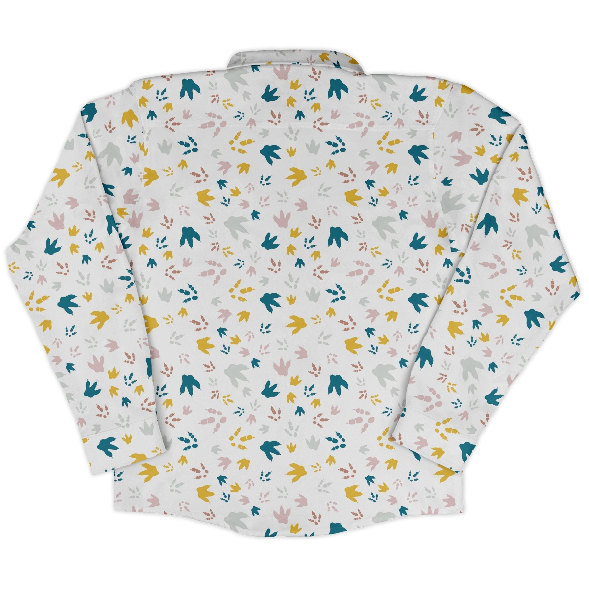 Dinosaur Footprint Tracks White Long Sleeve Button Up Shirt Geek Nerd adult sizing dinosaur print FLOW DESC WRITING