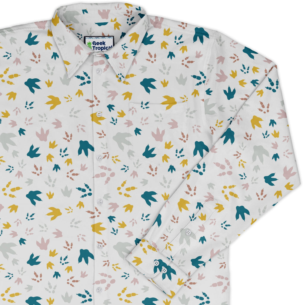Dinosaur Footprint Tracks White Long Sleeve Button Up Shirt Geek Nerd adult sizing dinosaur print FLOW DESC WRITING