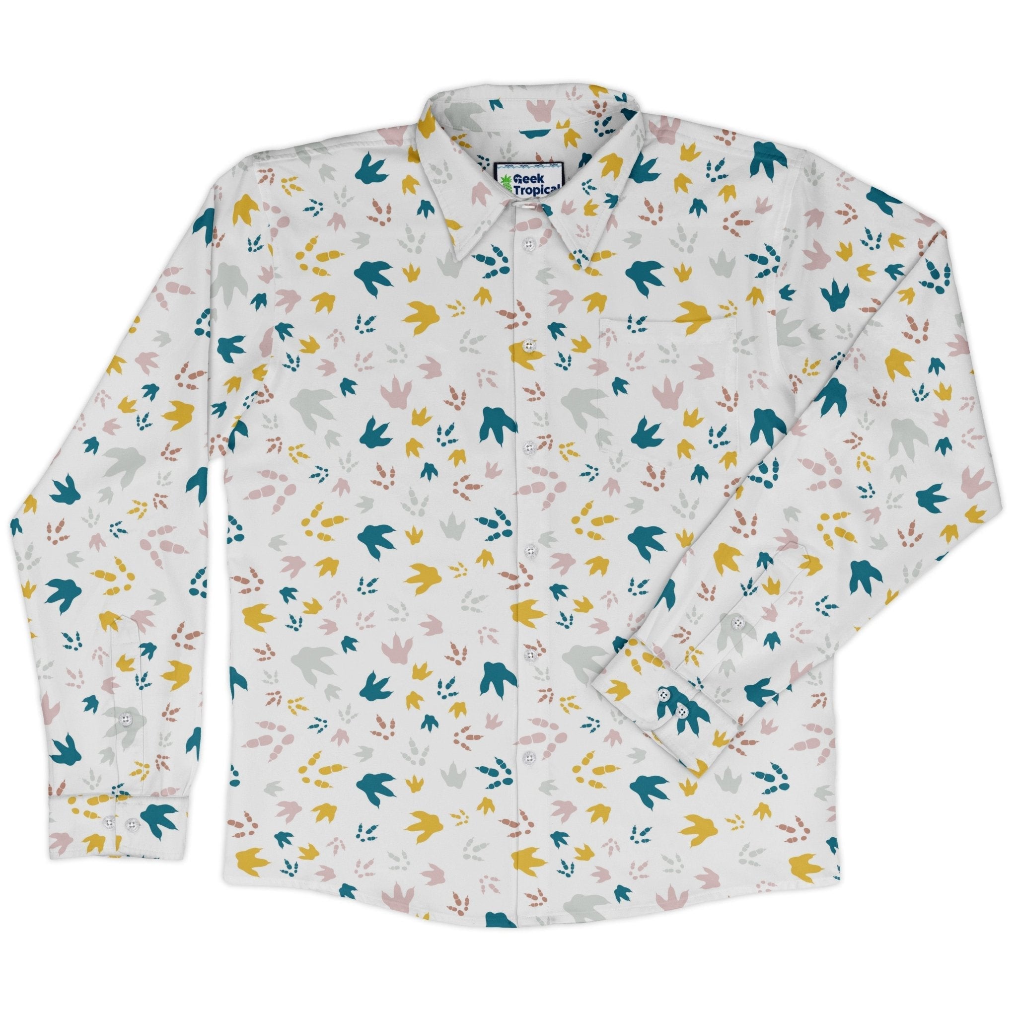 Dinosaur Footprint Tracks White Long Sleeve Button Up Shirt Geek Nerd adult sizing dinosaur print FLOW DESC WRITING