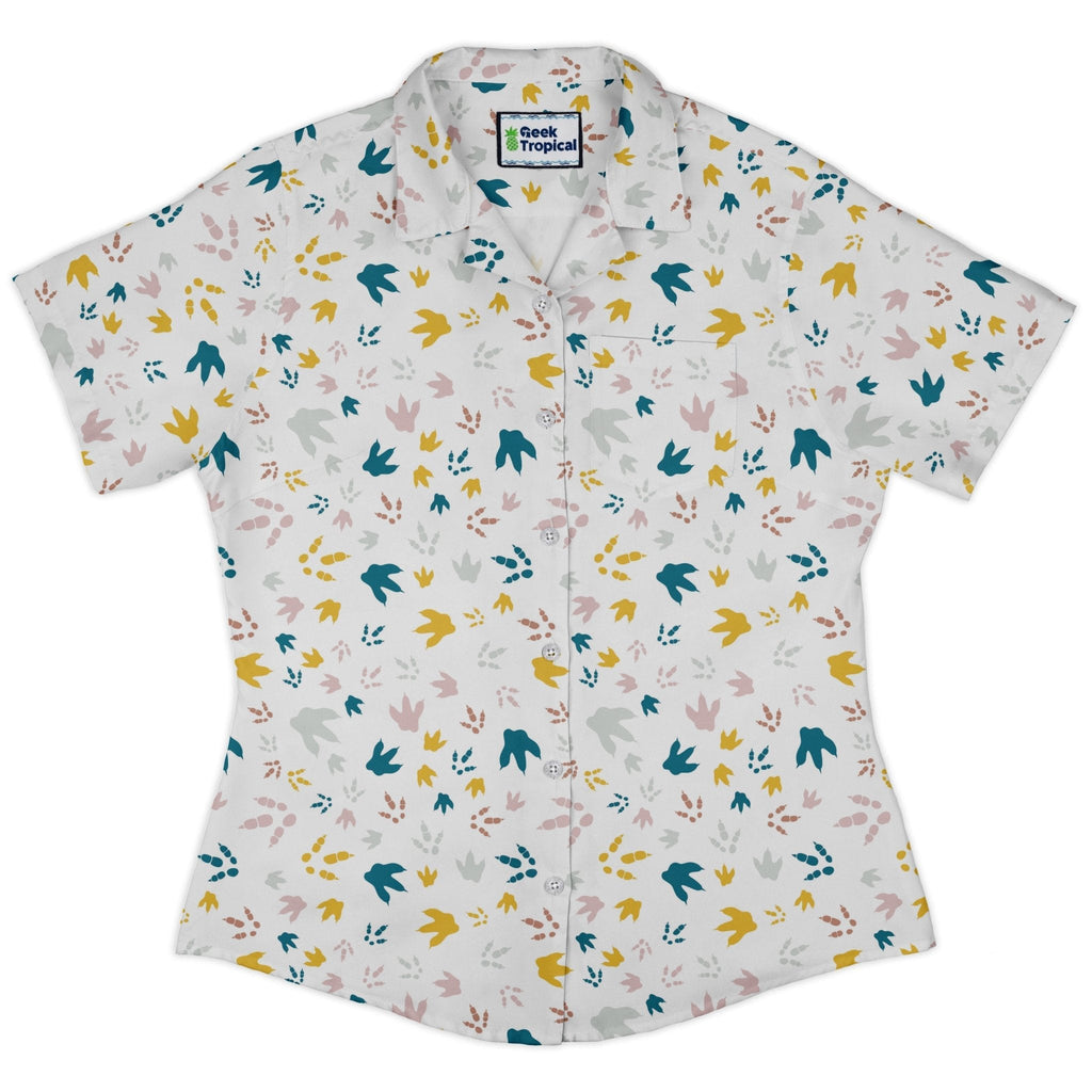 Dinosaur Footprint Tracks White Curvy Button Up Shirt Geek Nerd dinosaur print Simple Patterns women