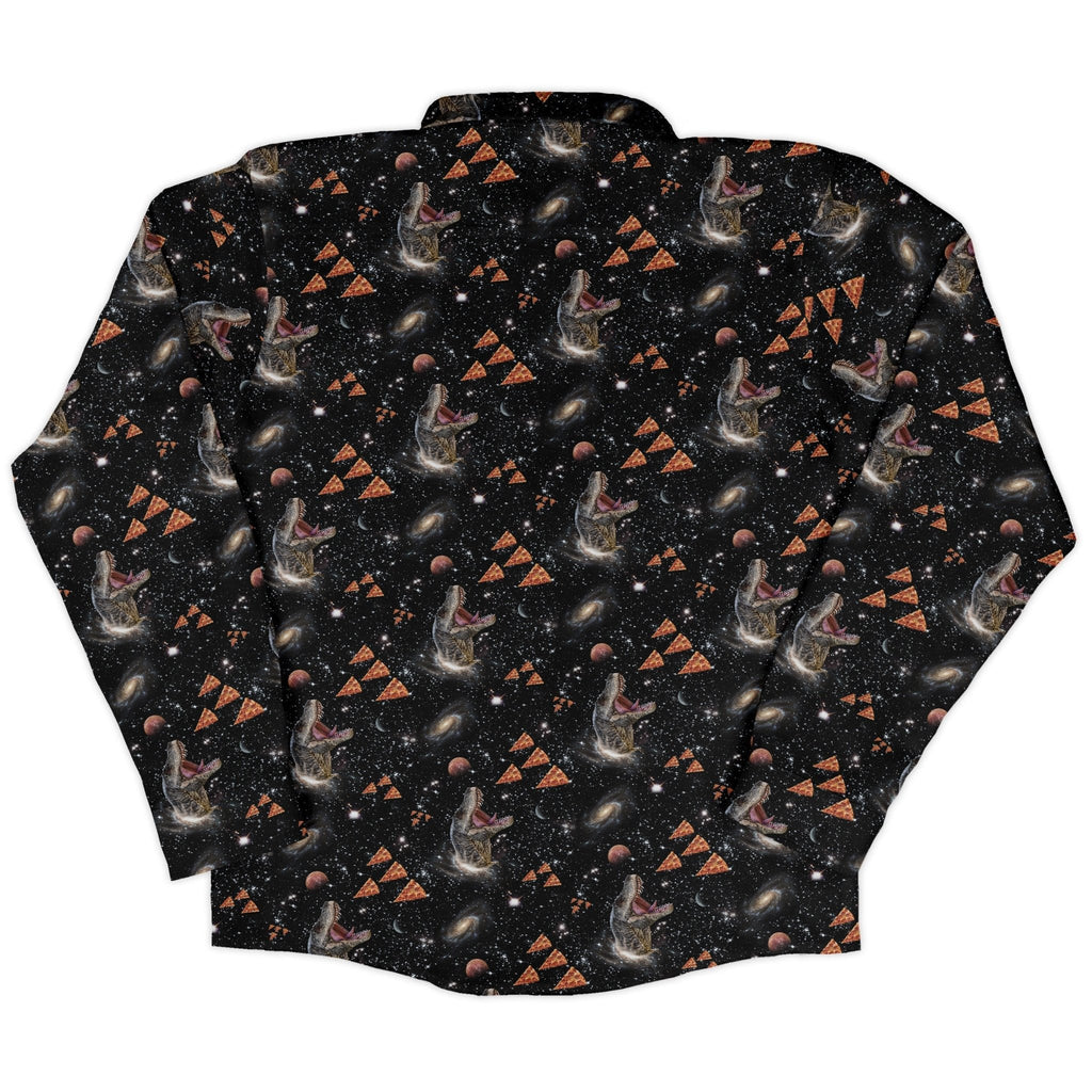 Dinosaur Galaxy Pizza Ships Long Sleeve Button Up Shirt Geek Nerd adult sizing Design by Random Galaxy dinosaur print