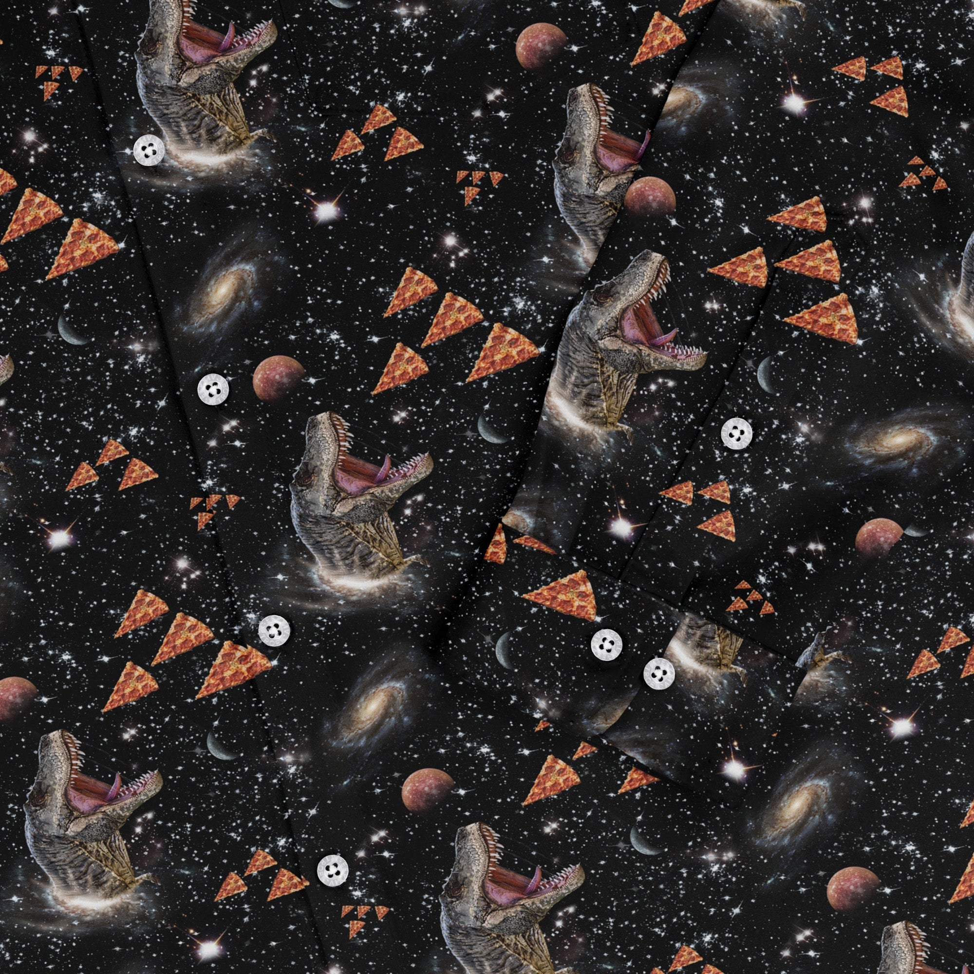 Dinosaur Galaxy Pizza Ships Long Sleeve Button Up Shirt Geek Nerd adult sizing Design by Random Galaxy dinosaur print