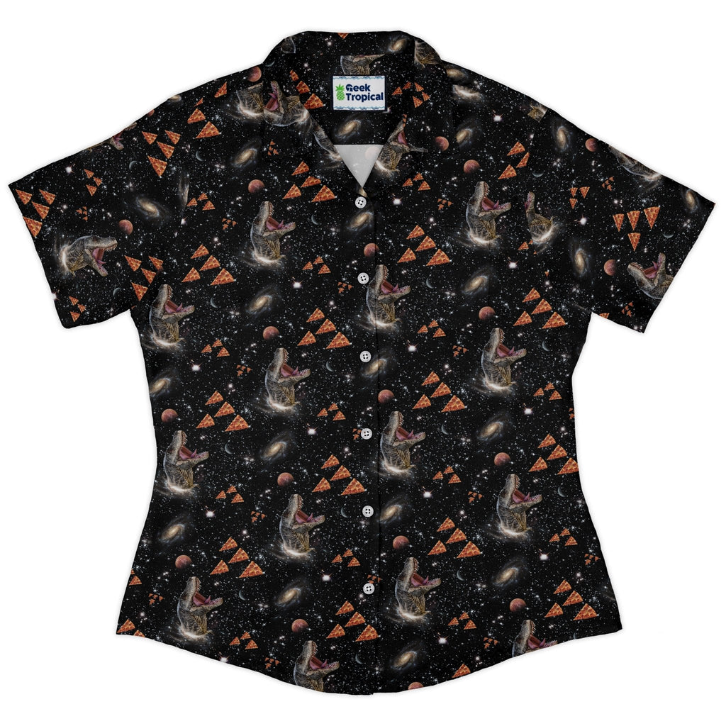 Dinosaur Galaxy Pizza Ships Curvy Button Up Shirt Geek Nerd Design by Random Galaxy dinosaur print outer space & astronaut print