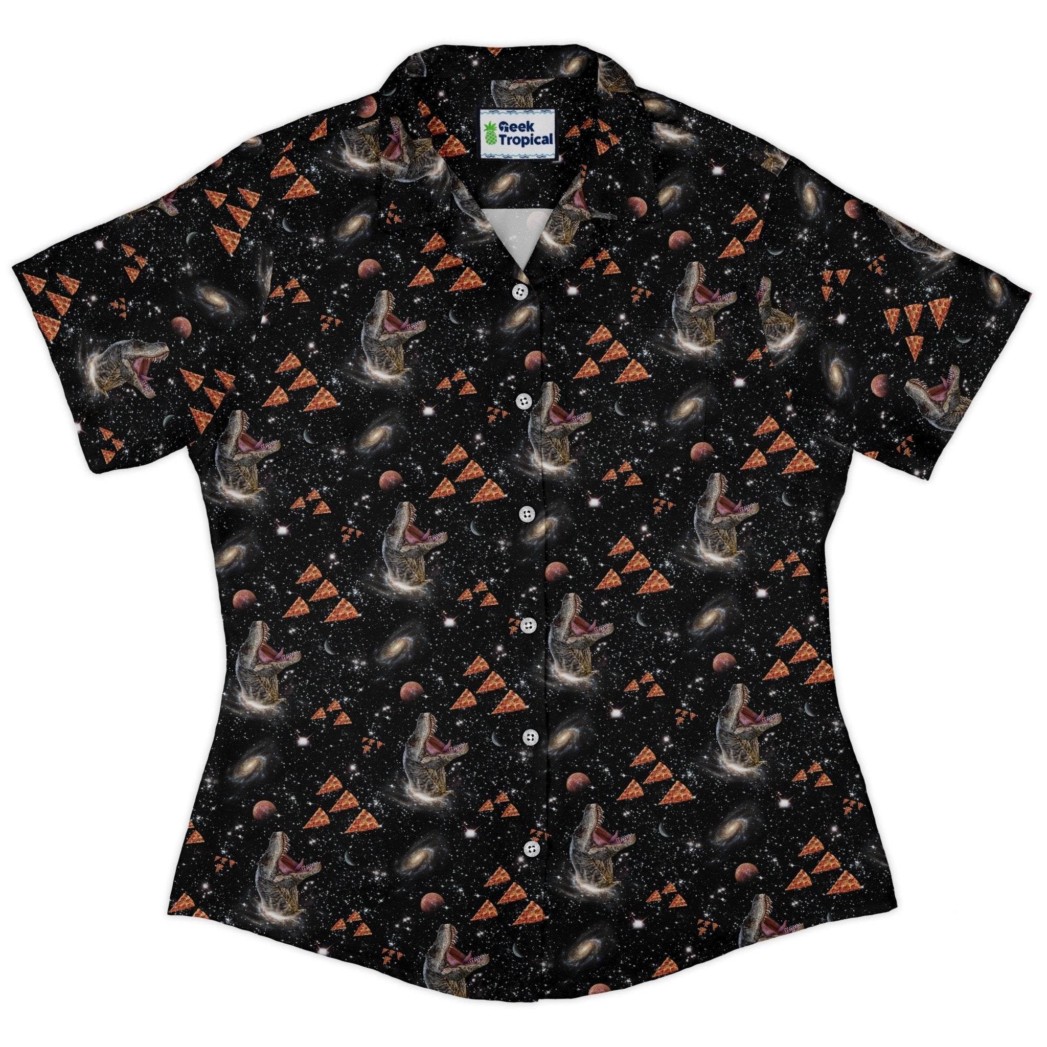 Dinosaur Galaxy Pizza Ships Curvy Button Up Shirt Geek Nerd Design by Random Galaxy dinosaur print outer space & astronaut print