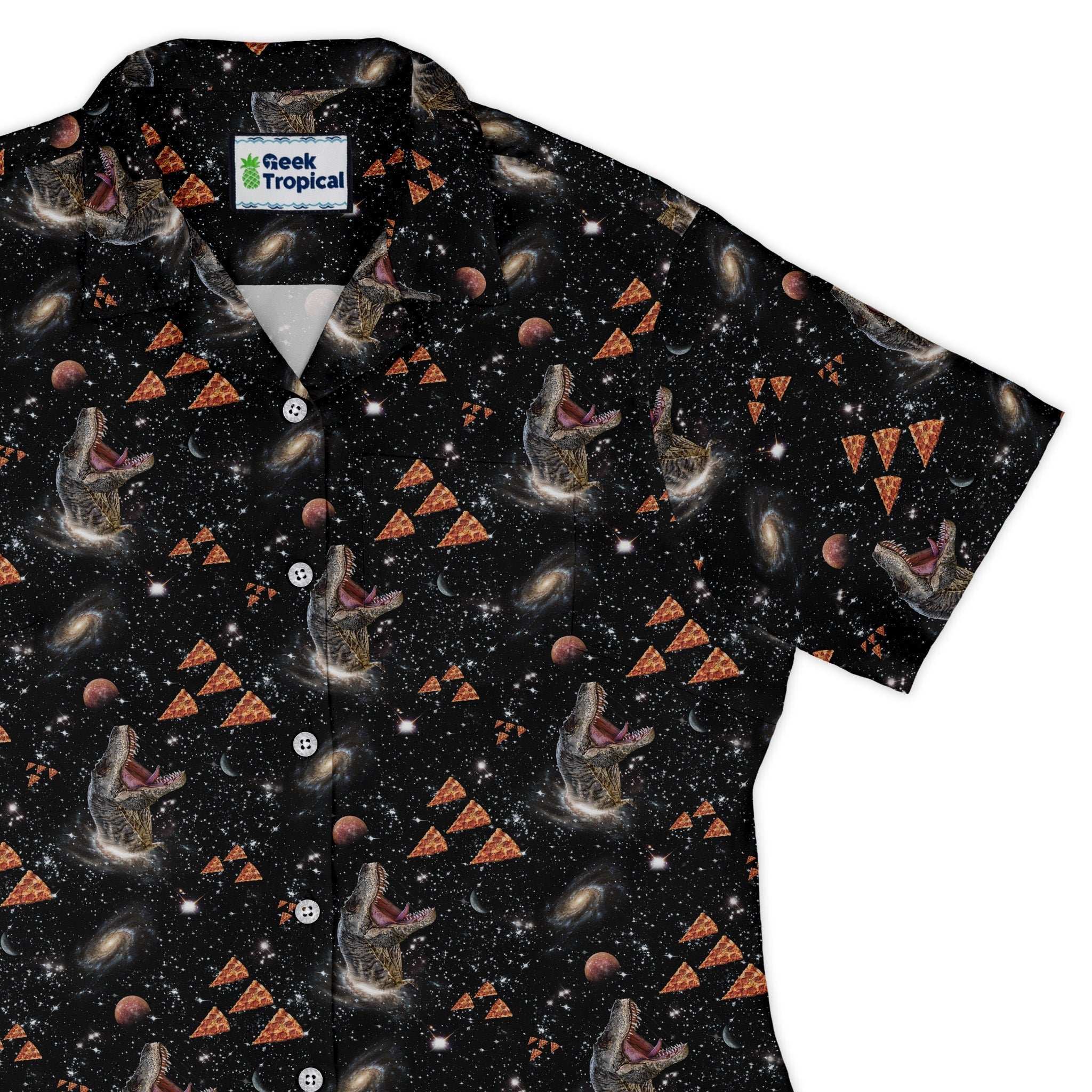Dinosaur Galaxy Pizza Ships Curvy Button Up Shirt Geek Nerd Design by Random Galaxy dinosaur print outer space & astronaut print